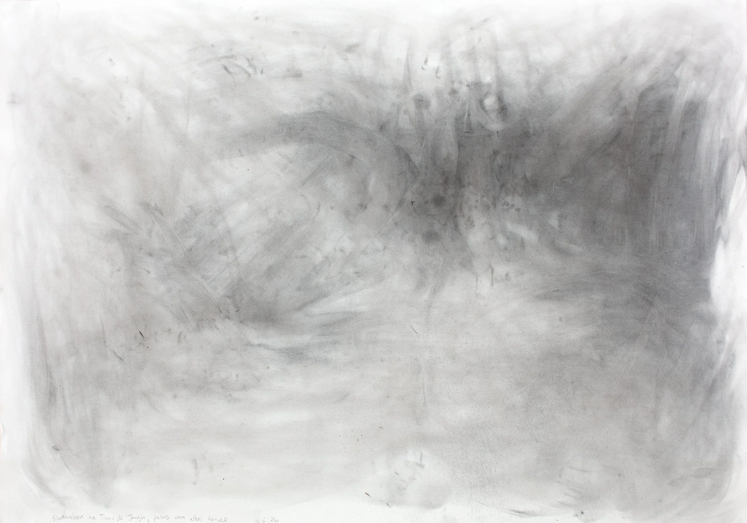 Avenue of gumtrees after Tinus de Jongh, palms of both hands, Charcoal on paper, 64 x 91 cm, 2026