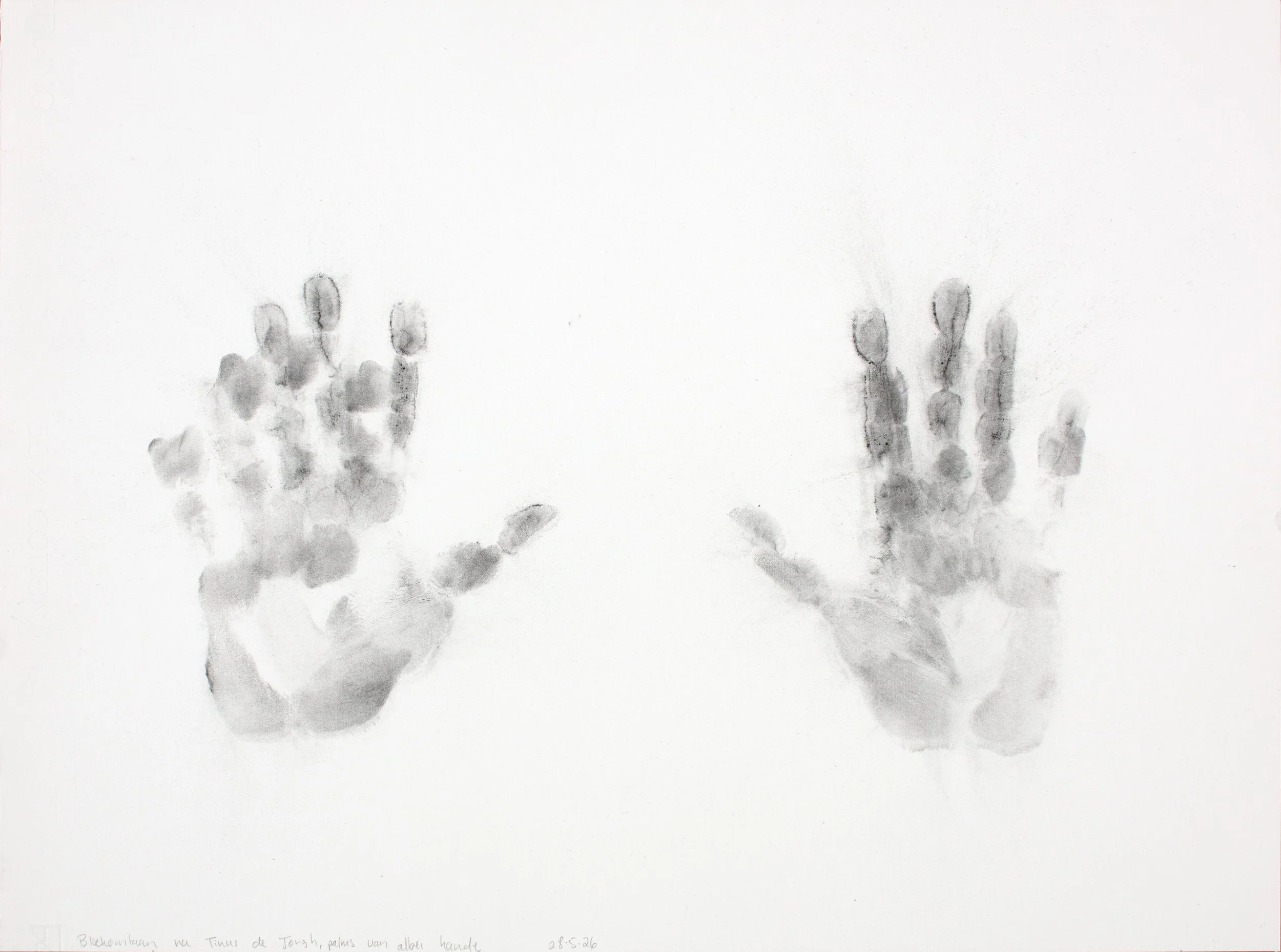 Avenue of gumtrees after Tinus de Jongh, palms of both hands, Charcoal on paper, 45,5 x 60,7 cm, 2026