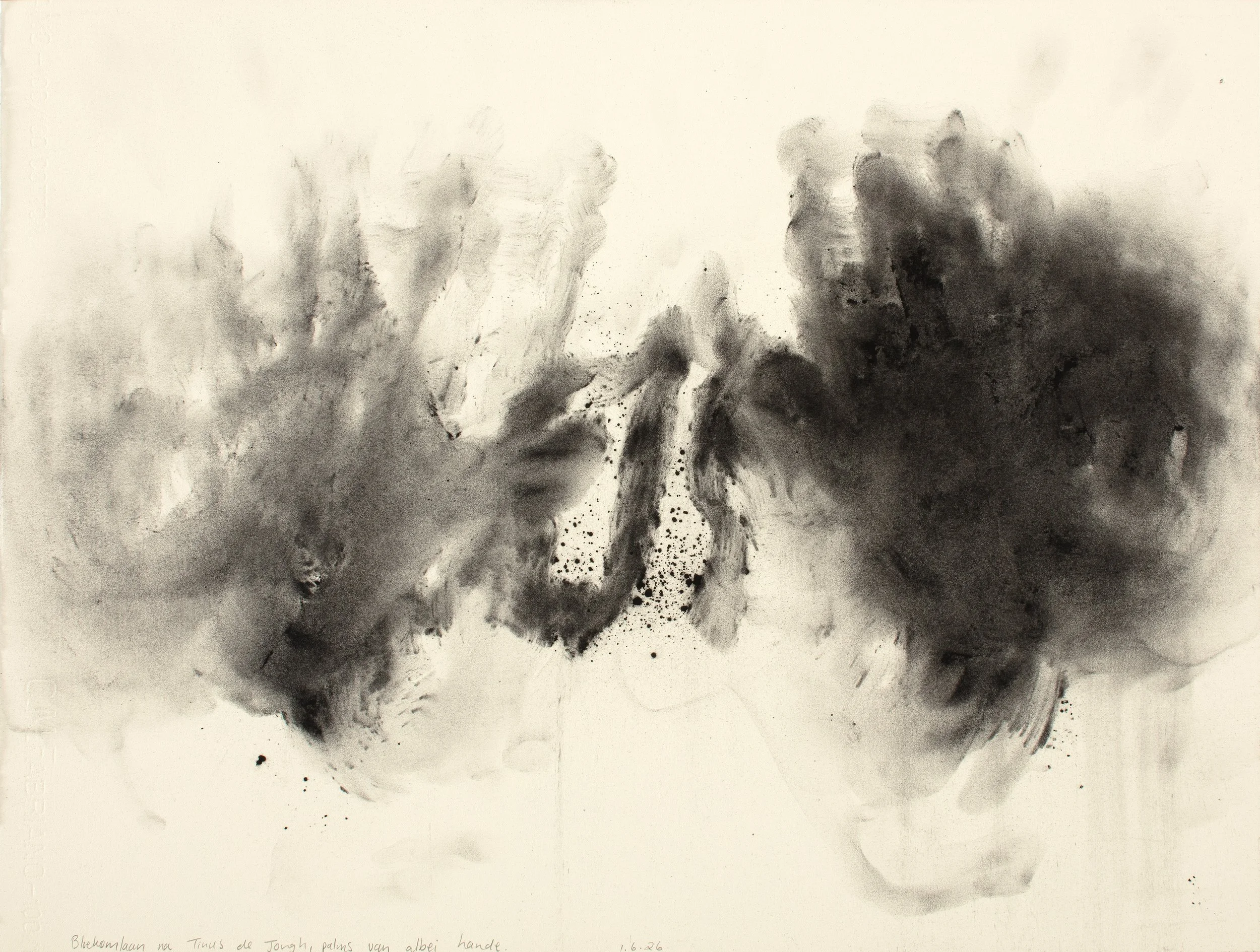 Avenue of gumtrees after Tinus de Jongh, palms of both hands, Charcoal on paper, 45,5 x 60,7 cm, 2026