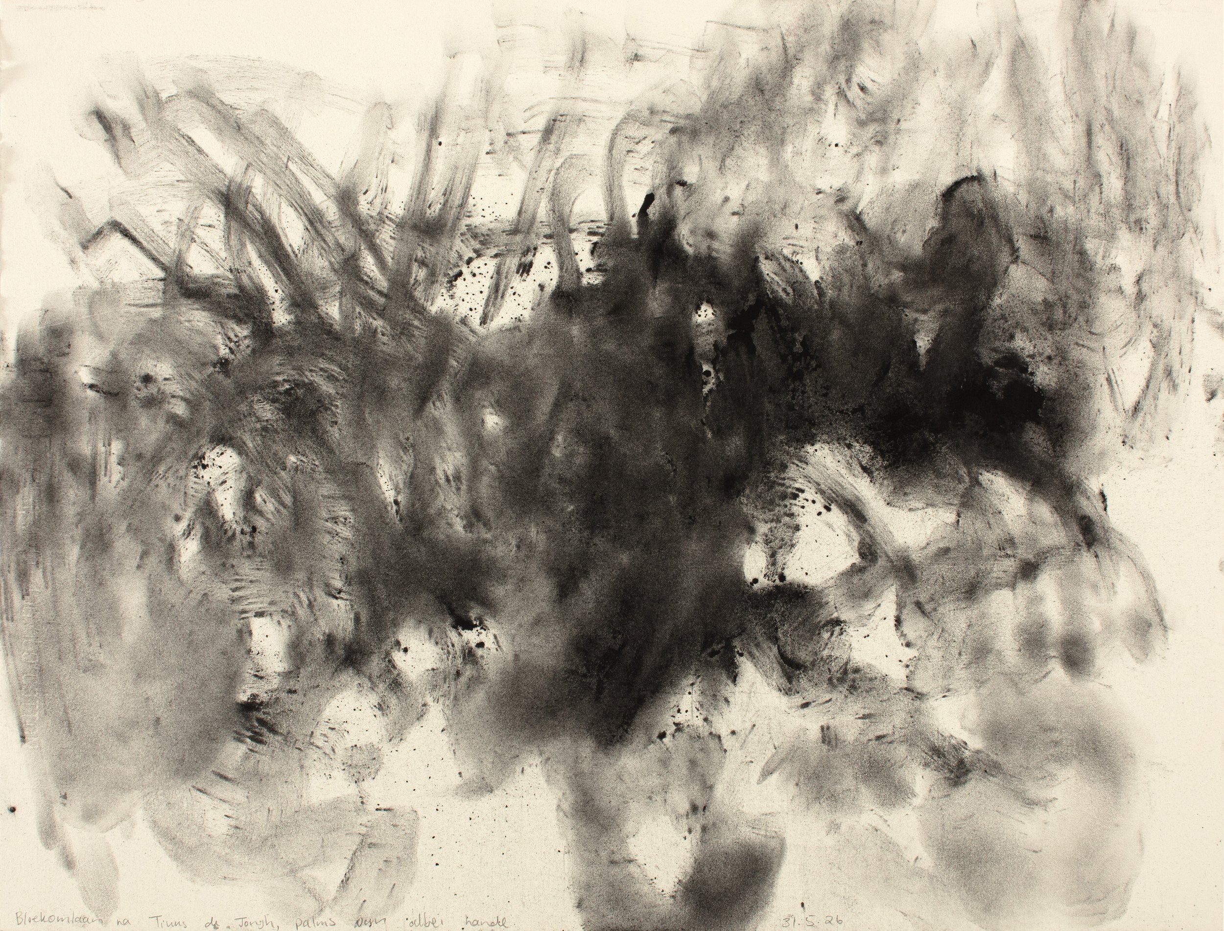 Avenue of gumtrees after Tinus de Jongh, palms of both hands, Charcoal on paper, 45,5 x 60,7 cm, 2026