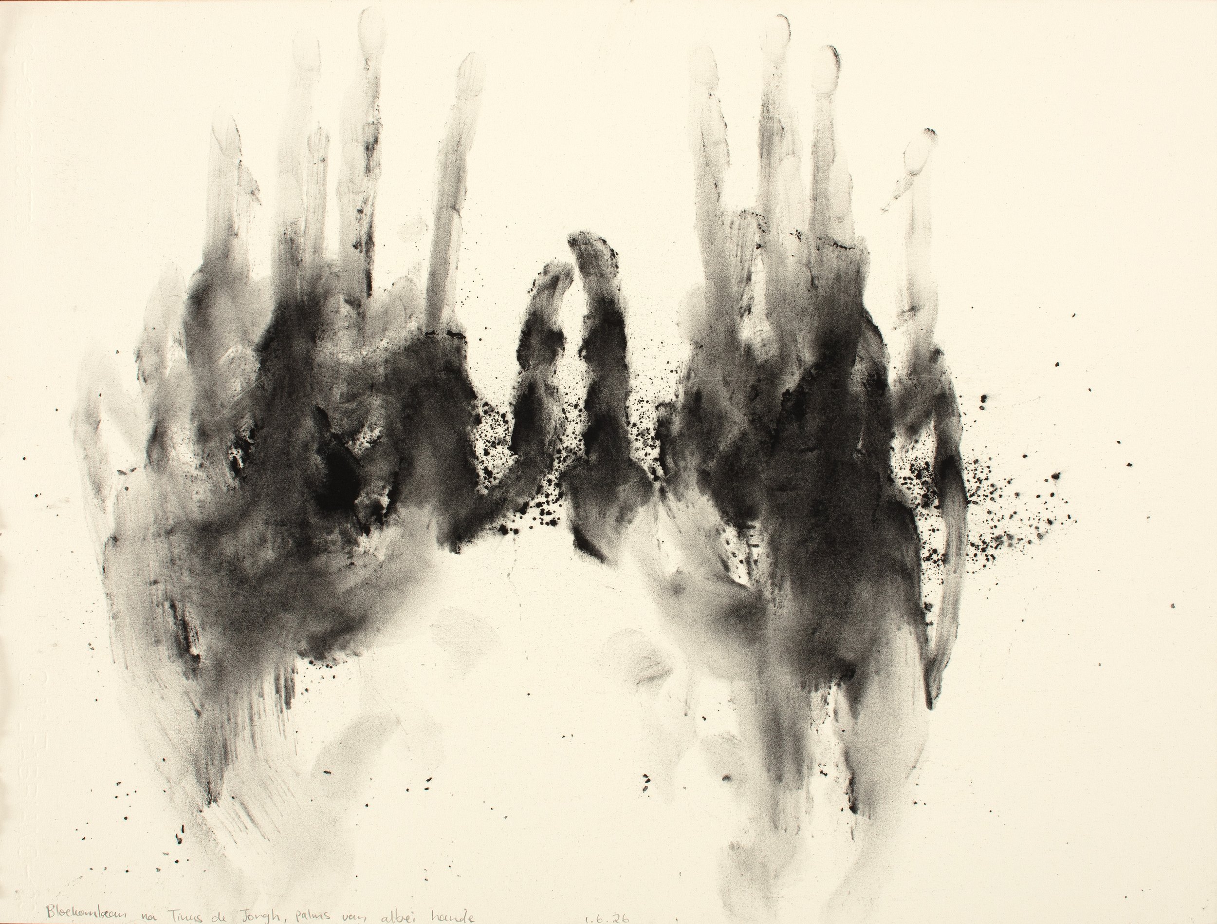 Avenue of gumtrees after Tinus de Jongh, palms of both hands, Charcoal on paper, 45,5 x 60,7 cm, 2026