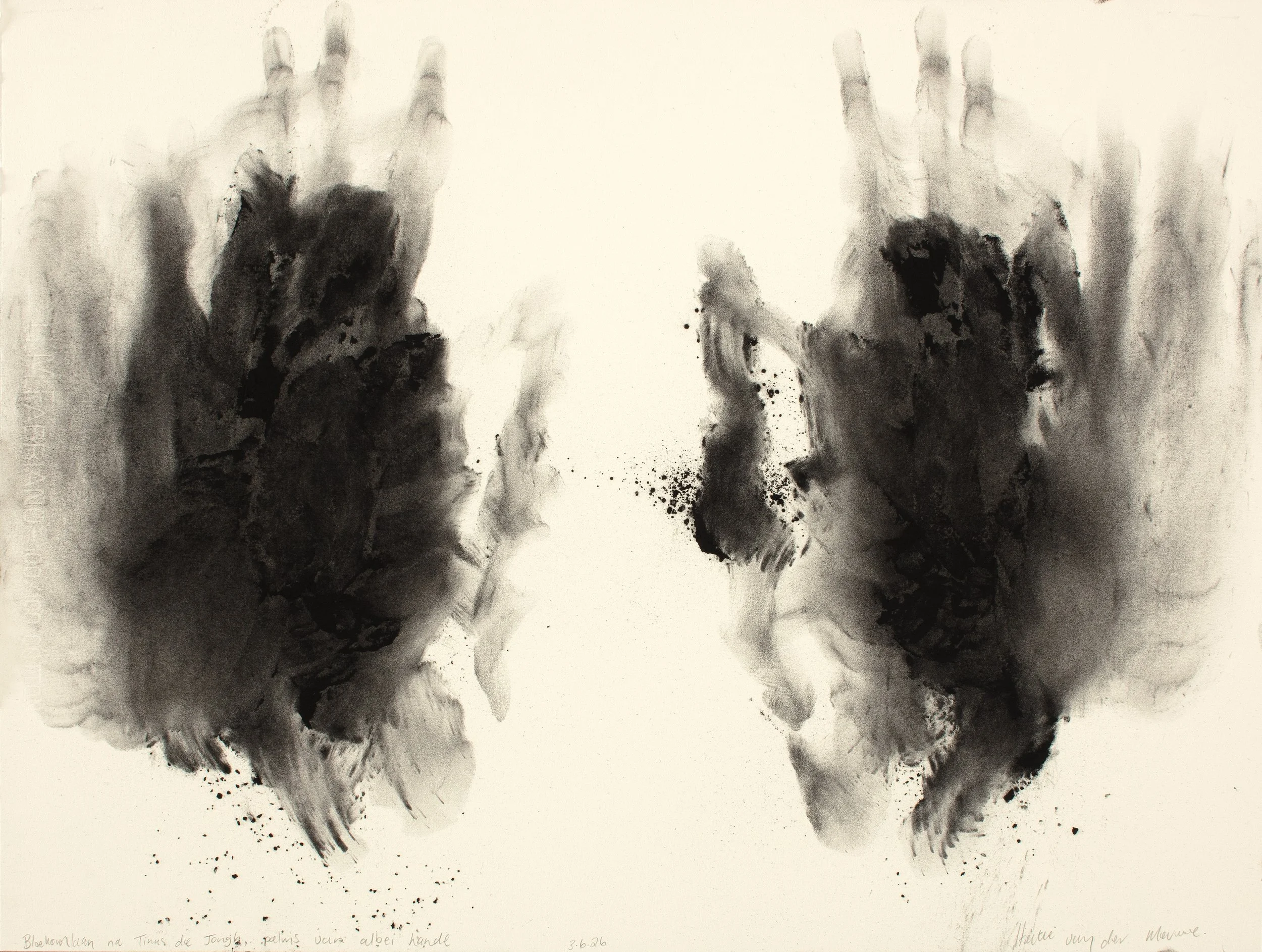 Avenue of gumtrees after Tinus de Jongh, palms of both hands, Charcoal on paper, 45,5 x 60,7 cm, 2026