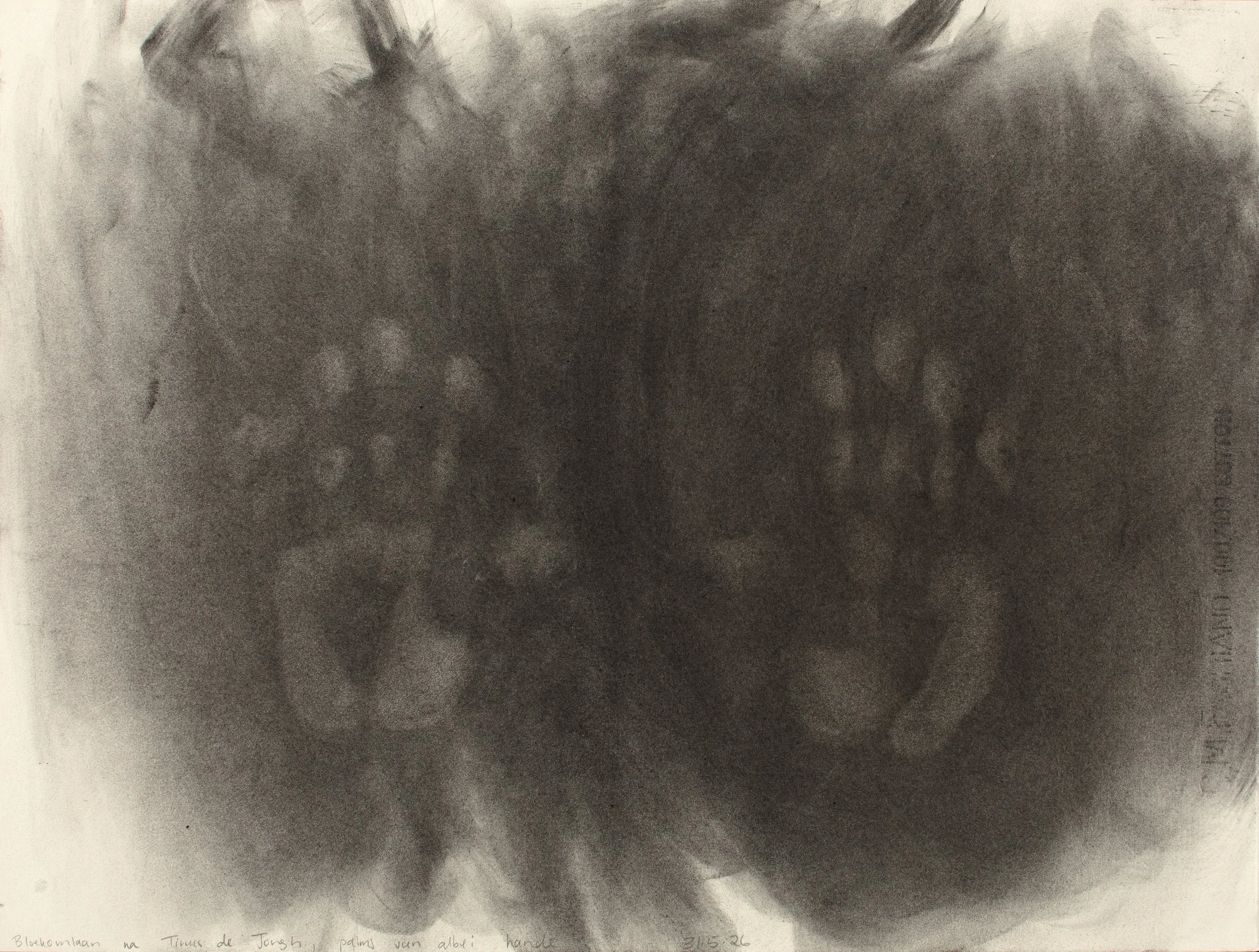 Avenue of gumtrees after Tinus de Jongh, palms of both hands, Charcoal on paper, 45,5 x 60,7 cm, 2026