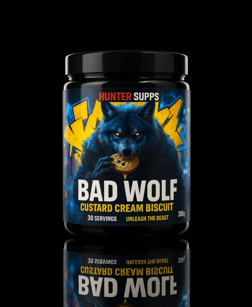 A black container of Bad Wolf Custard Cream Biscuit from Hunter Supps with a wolf holding a cookie on the label, and a dark background with a reflection of the container below.