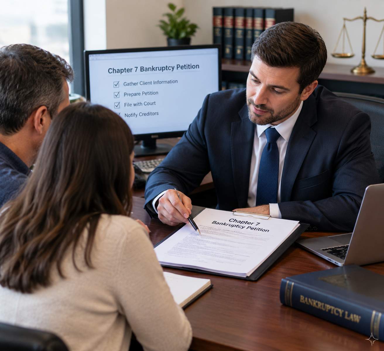 A lawyer discussing bankruptcy petition with clients at a desk in his office, with a computer display showing steps for filing a bankruptcy petition in the background.