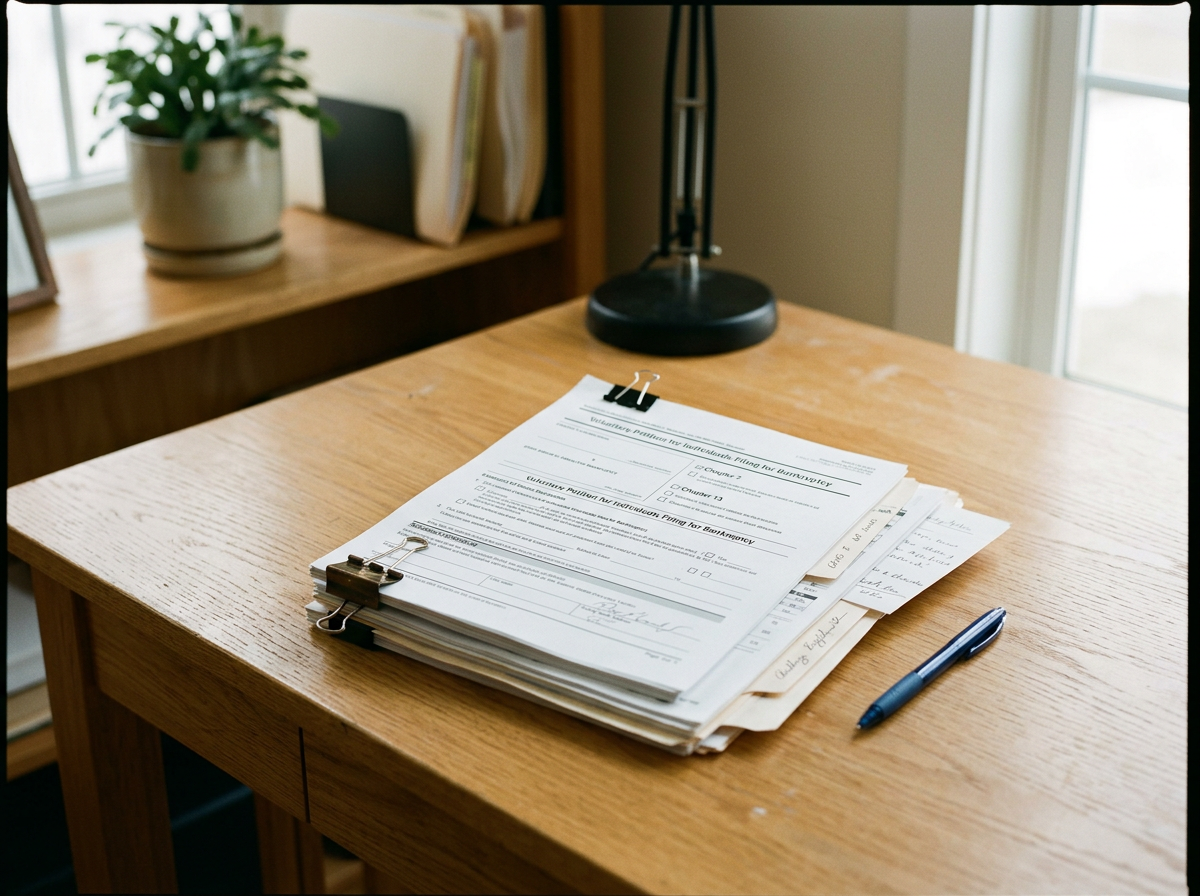 Stack of papers for a bankruptcy petition clipped together on a wooden desk with a blue pen nearby, a lamp, a potted plant, and books on a shelf in the background.
