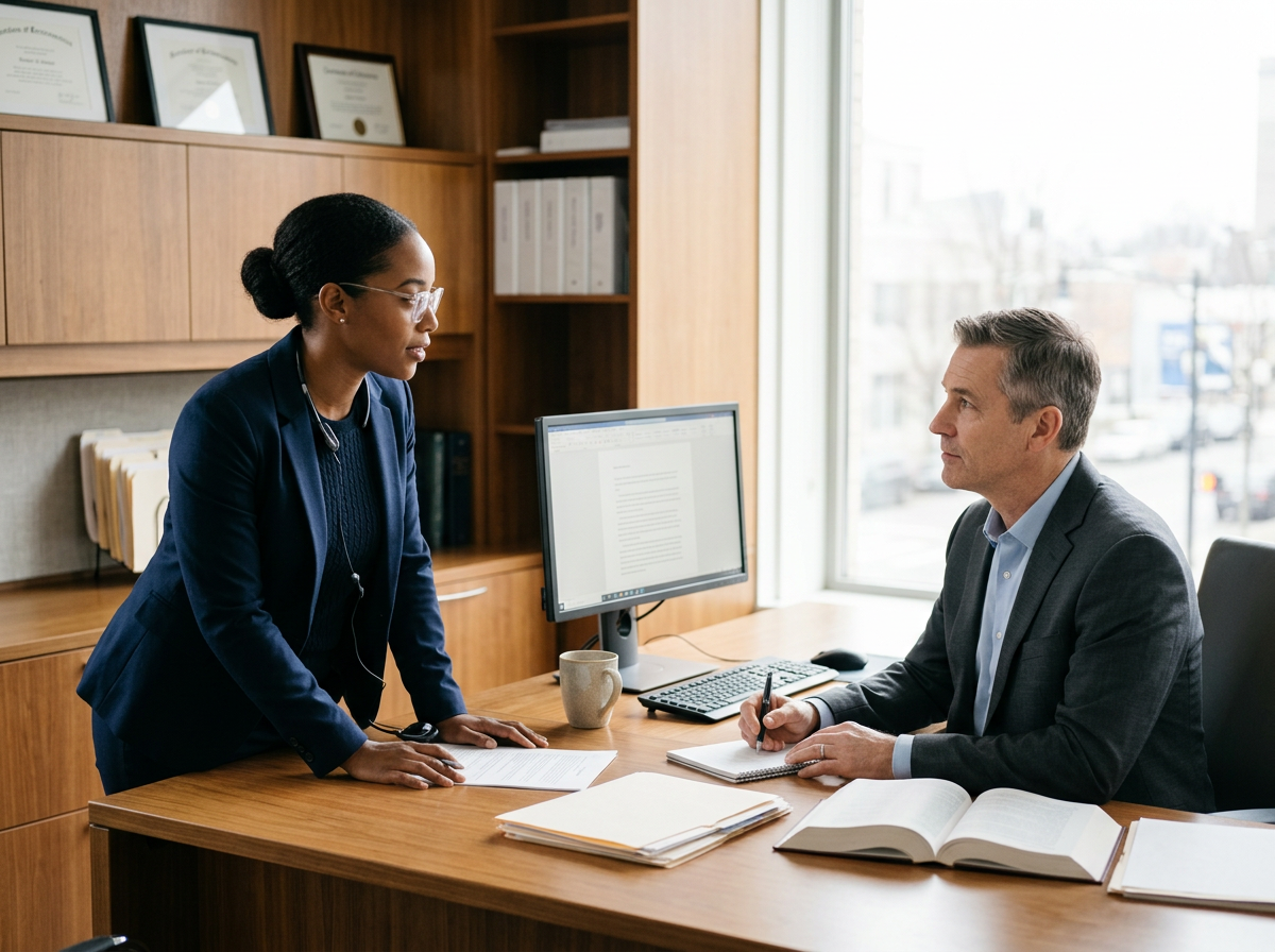 A female attorney in glasses and a suit standing on one side of a wooden desk, talking to a man in a suit sitting on the other side, with papers, a computer, and a large open book on the desk, in an office with wood shelves and framed certificates.