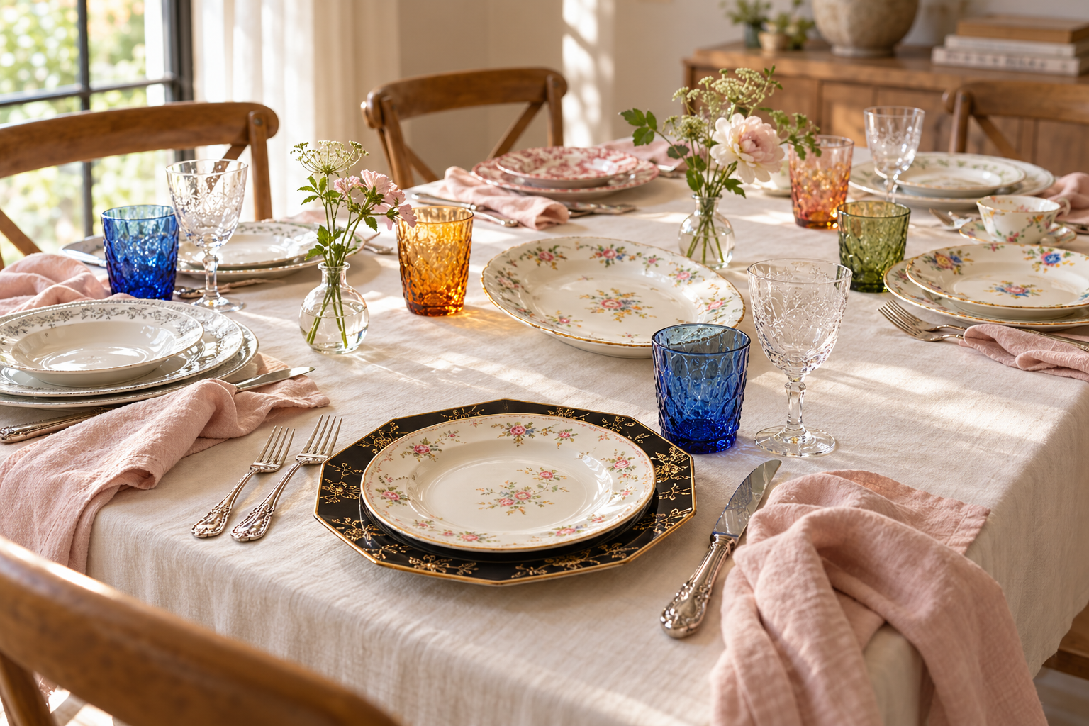 AI-generated table inspiration: mixed floral and black-and-gold plates, colorful textured glasses, and patterned silver flatware on a softly decorated table. Exact pieces are not guaranteed.