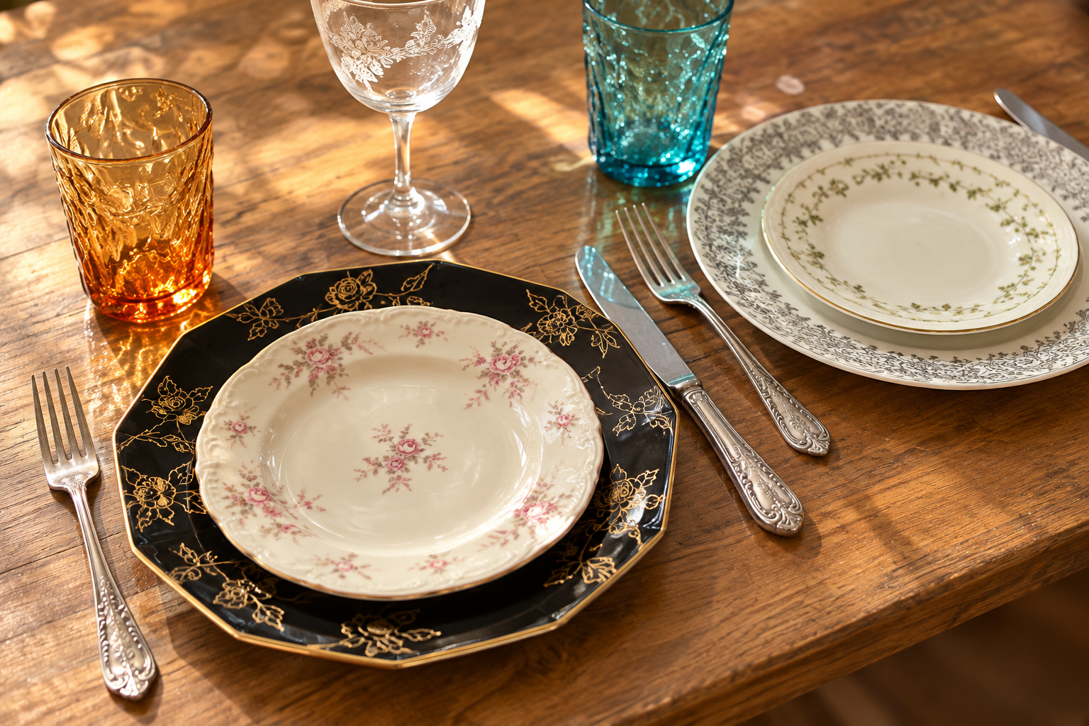 AI-generated inspiration: mixed black-and-gold and floral plates with amber and turquoise glasses and patterned flatware. Plate + Stem chooses each tableware mix.