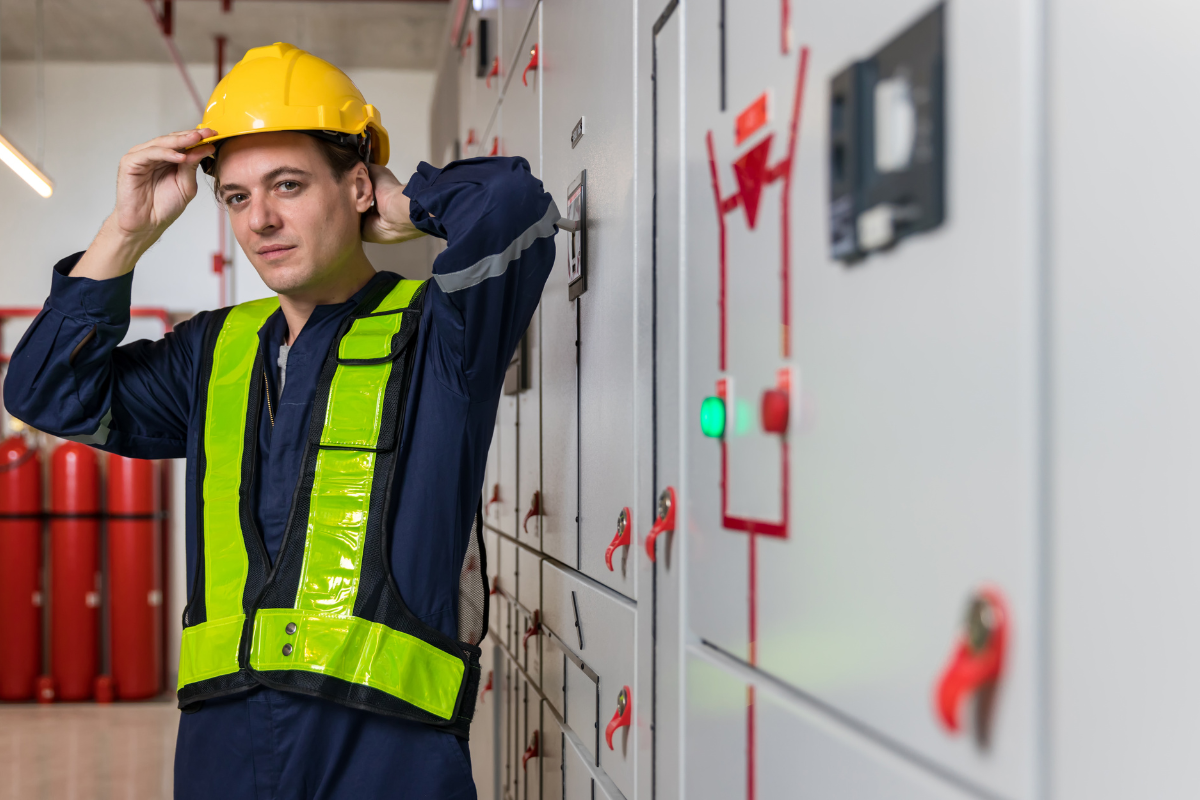 A man wearing a blue uniform, yellow safety helmet, and neon safety vest standing next to electrical control panels with red handles and a green light.