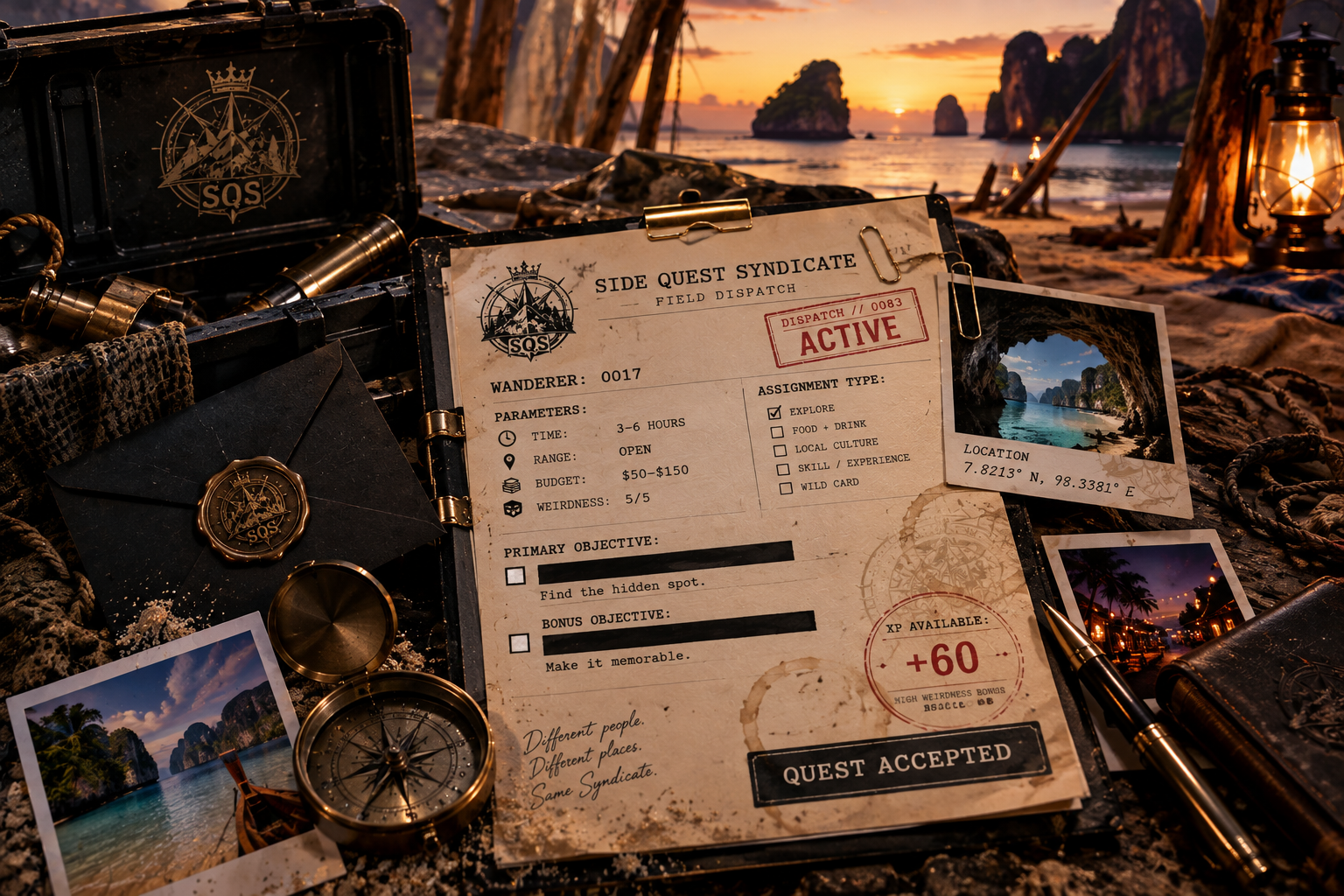 Side Quest Syndicate Field Dispatch on a clipboard with maps, compass and photographs beside a beach at sunset.
