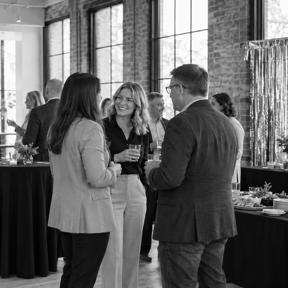 People socializing at a party or networking event in a bright industrial-style venue with large windows, brick walls, and decorations.