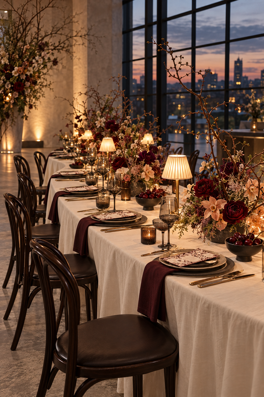 Elegant dinner table set with floral centerpieces, small lamps, glassware, plates, and cutlery in a stylish dining room with large windows at sunset.