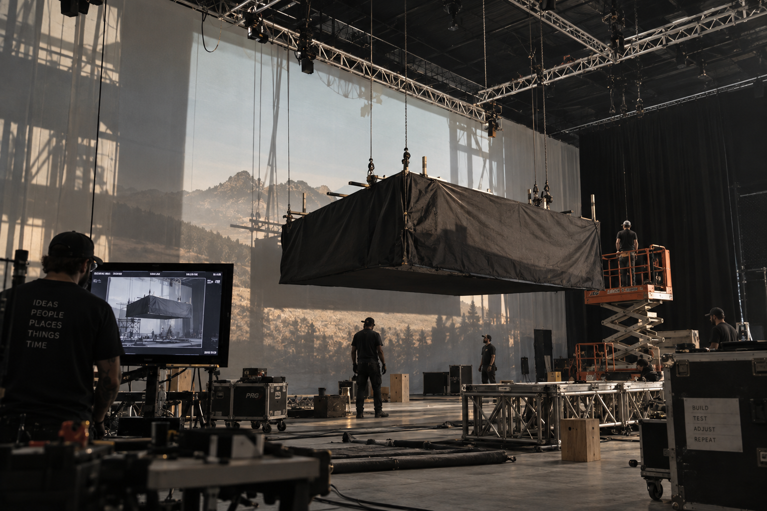 AI-assisted reconstruction image based on a production still from Madonna’s Madame X rebuild, showing soft boxes, scrims, drapery, grip and lighting equipment used to recreate the performance environment during the set build.