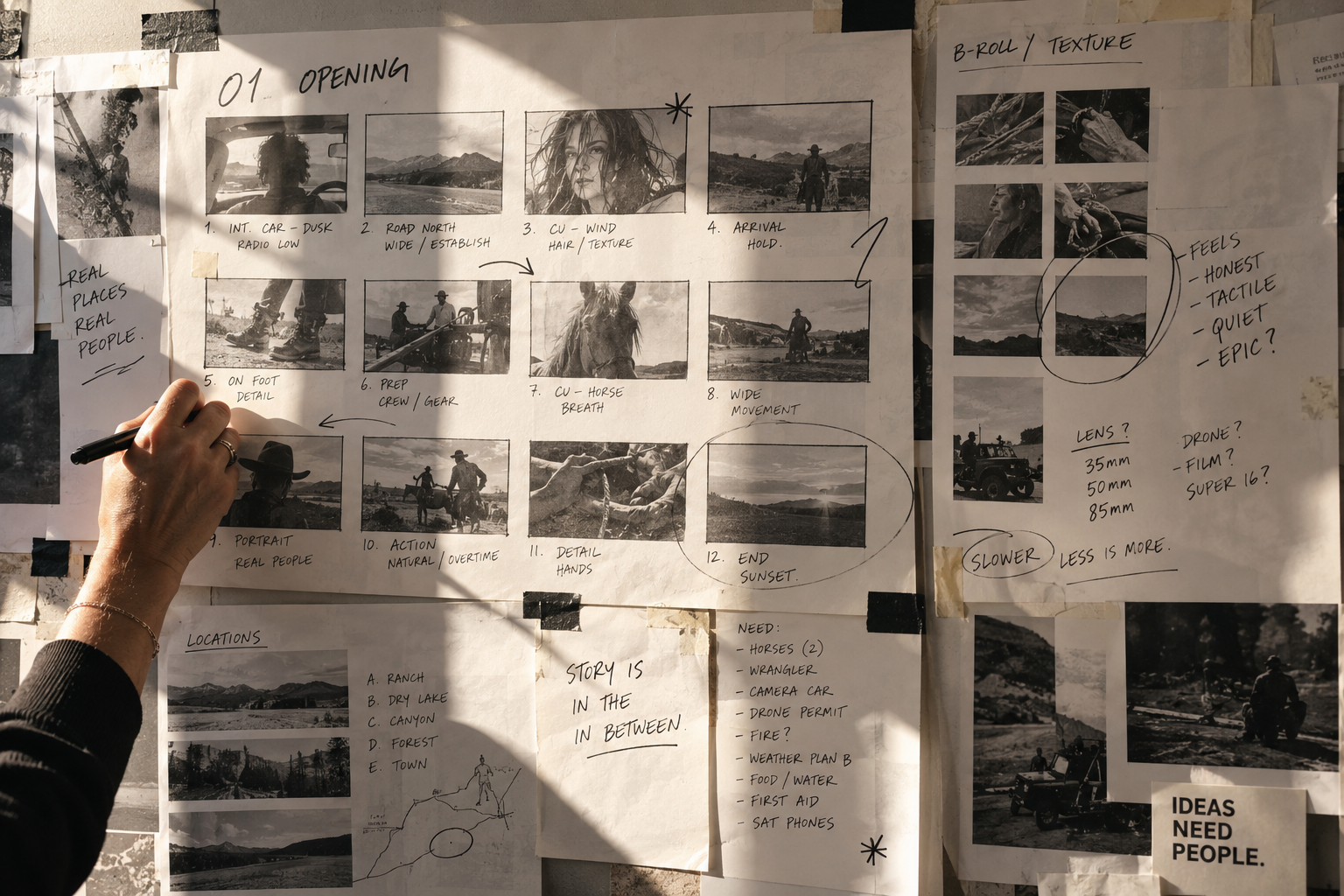 AI-generated production concept image illustrating storyboard and shot-planning development, with annotated visual references, camera notes and location ideas.