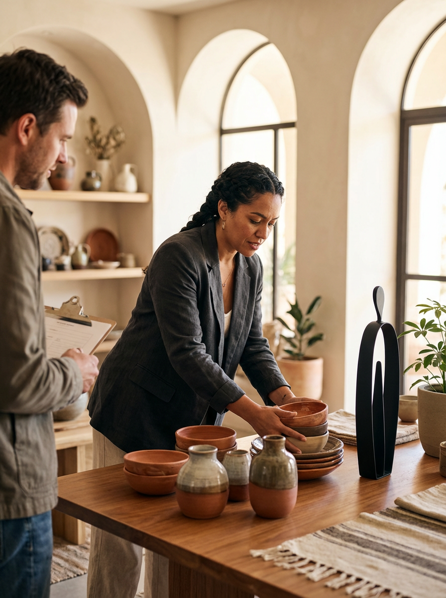A woman examines pottery bowls and vases on a wooden table in a cozy, well-lit room with large windows, while a man takes notes nearby.