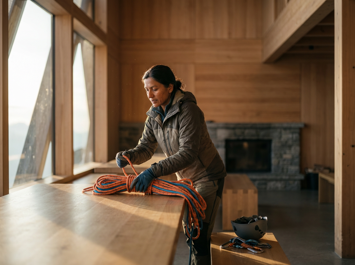 A woman in outdoor gear, including gloves, preparing climbing or camping rope on a wooden table inside a cozy room with wooden walls and large windows.