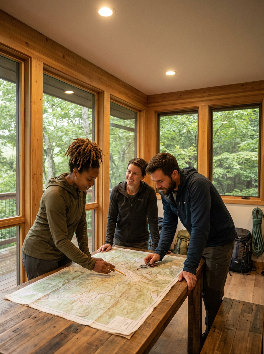 Three people looking at a large map on a wooden table inside a cabin with large windows showing a forest outside.
