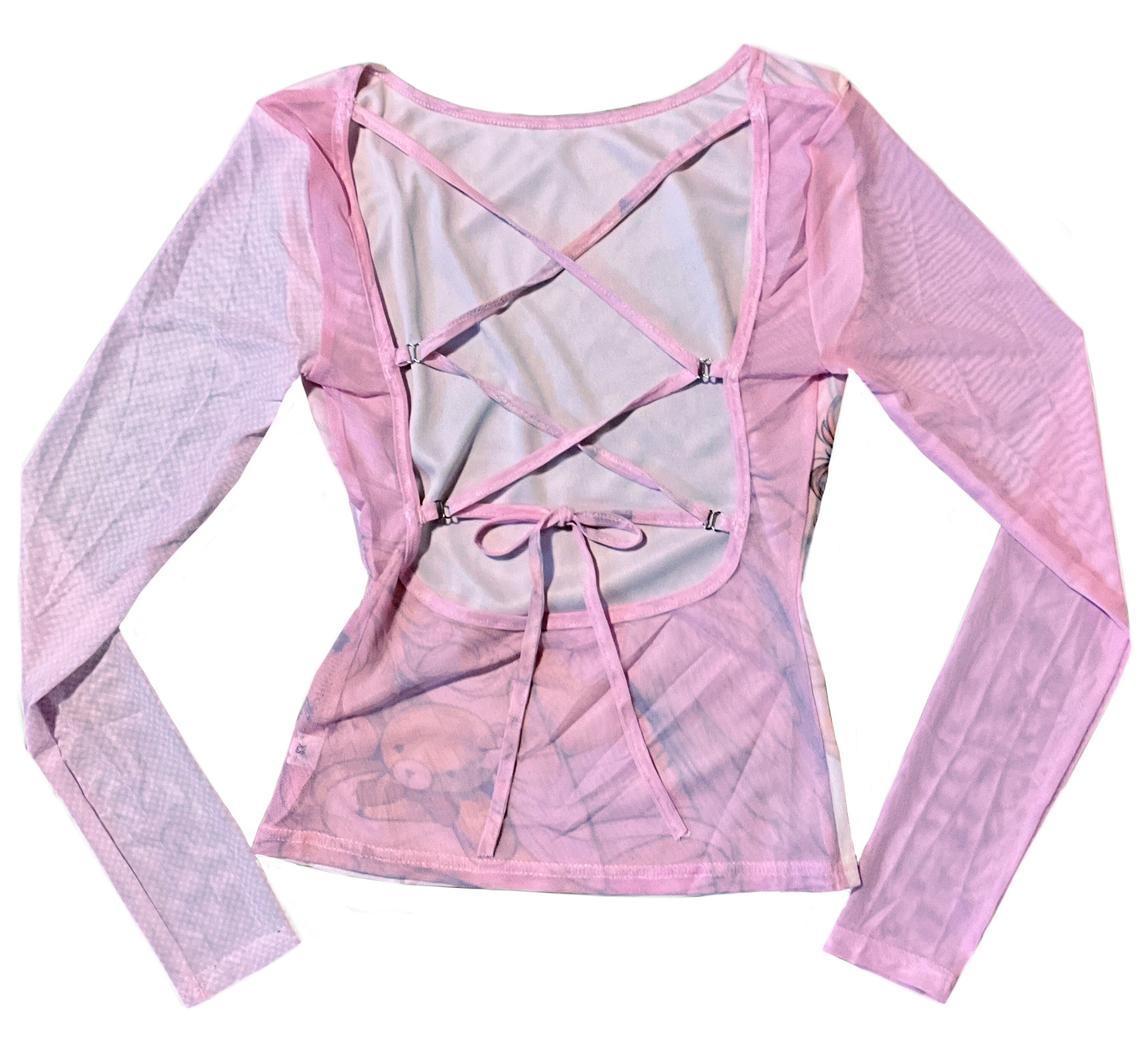 Pink long-sleeve top with lace-up detail and crisscross straps in front.