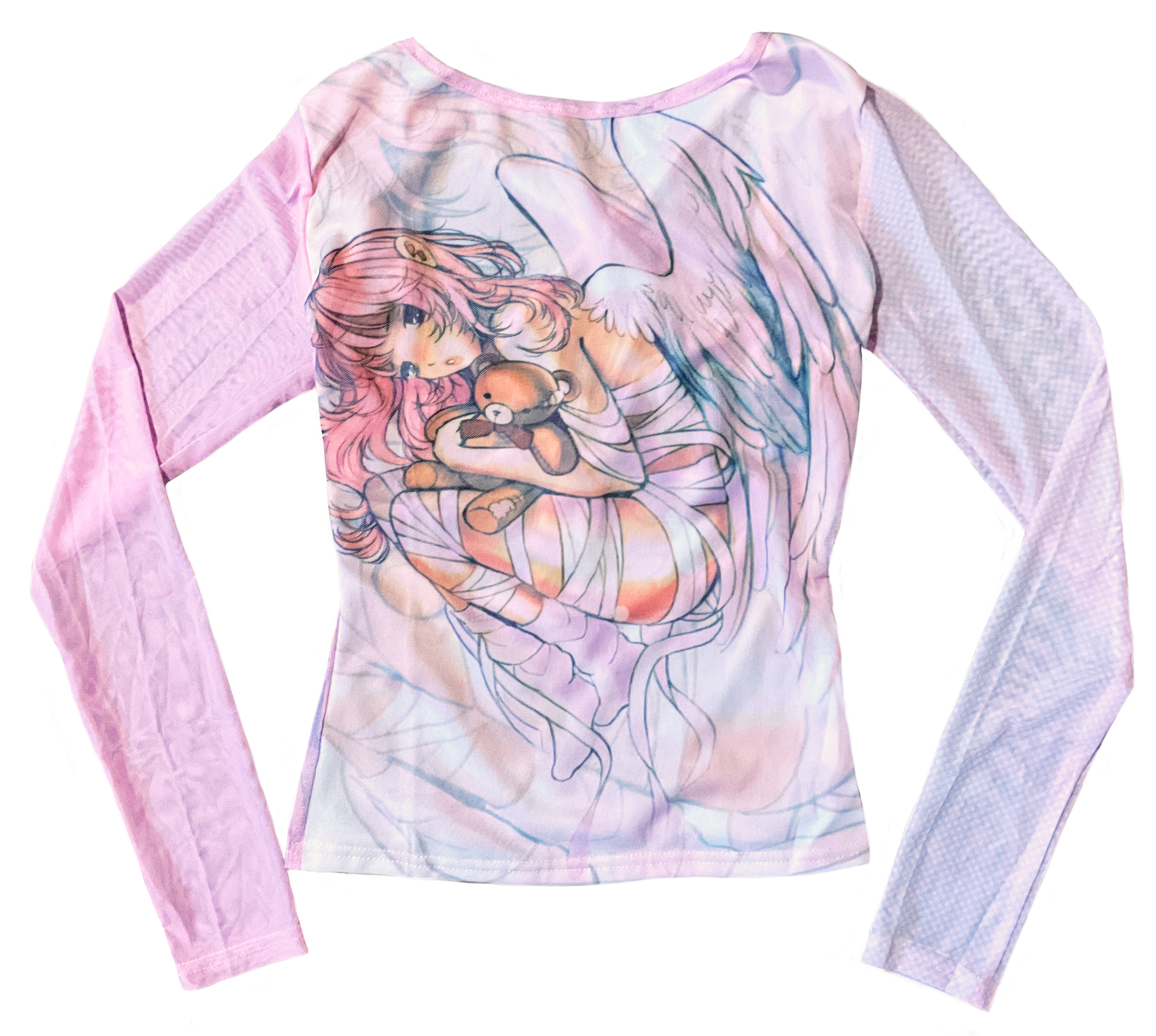 Pink and white long-sleeve shirt with a cartoon girl hugging a teddy bear, featuring soft pastel colors and a whimsical design.