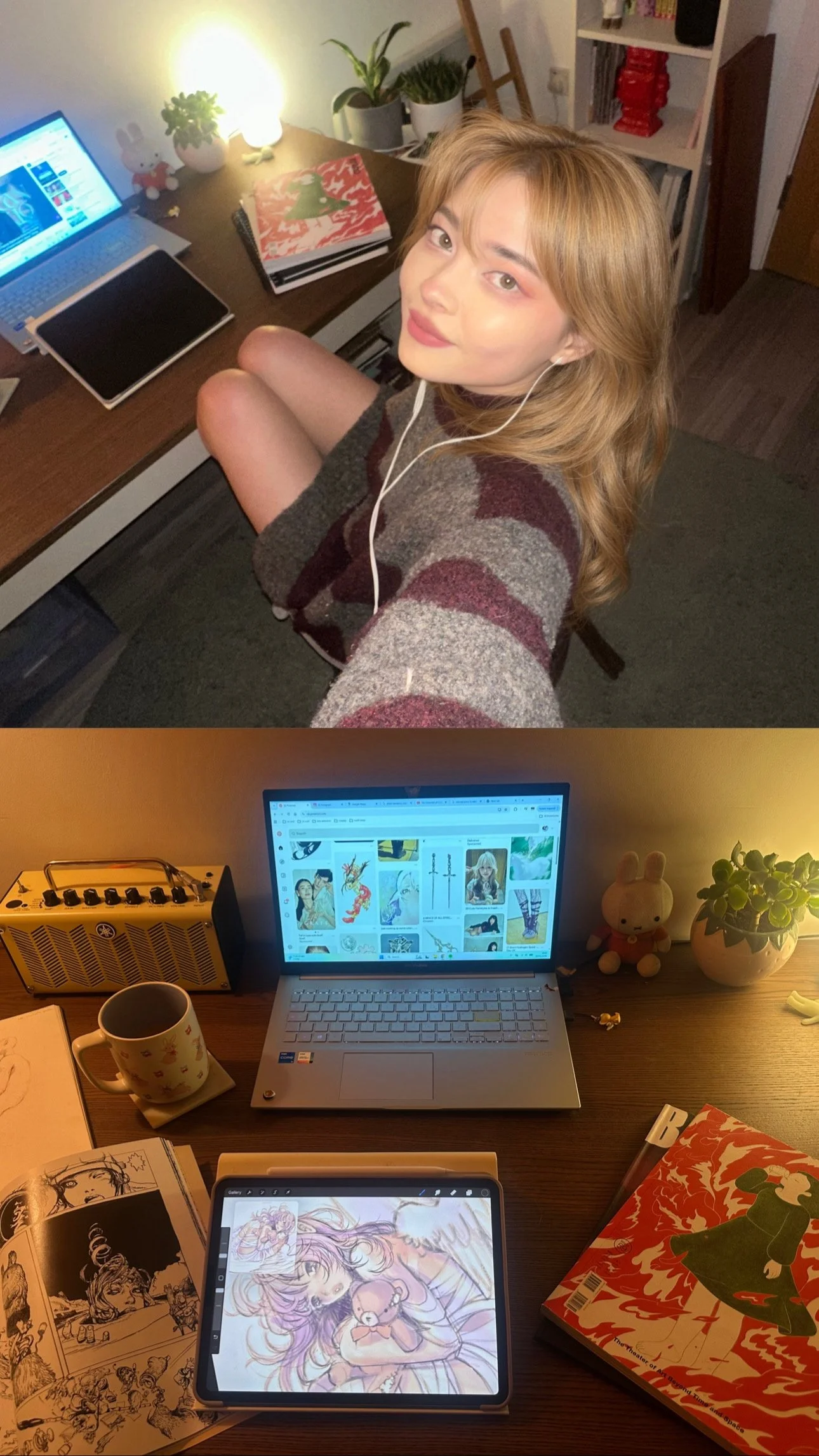 A cluttered workspace with two laptops, one open with a digital art drawing, others showing search results, colorful books, a sketchbook, a mug, a tablet, art supplies, and decorative items including plants and stuffed toys.