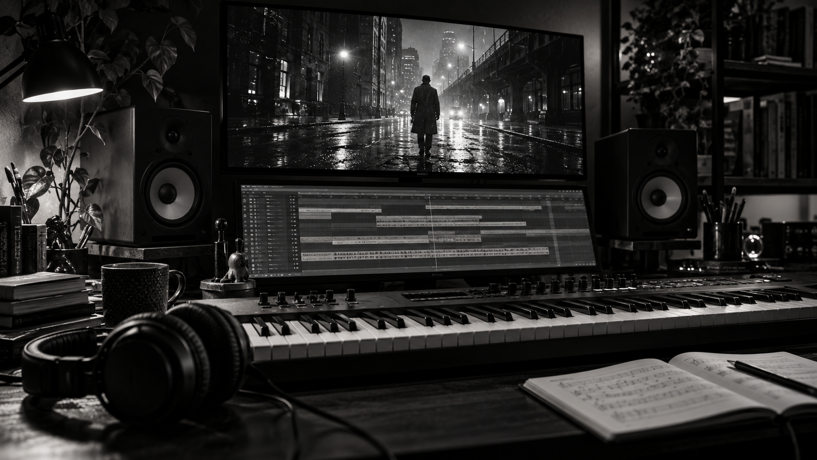 Music production workspace with keyboard, computer monitor displaying music editing software, studio speakers, open notebook with sheet music, and headphones, in a room with bookshelves and potted plants.