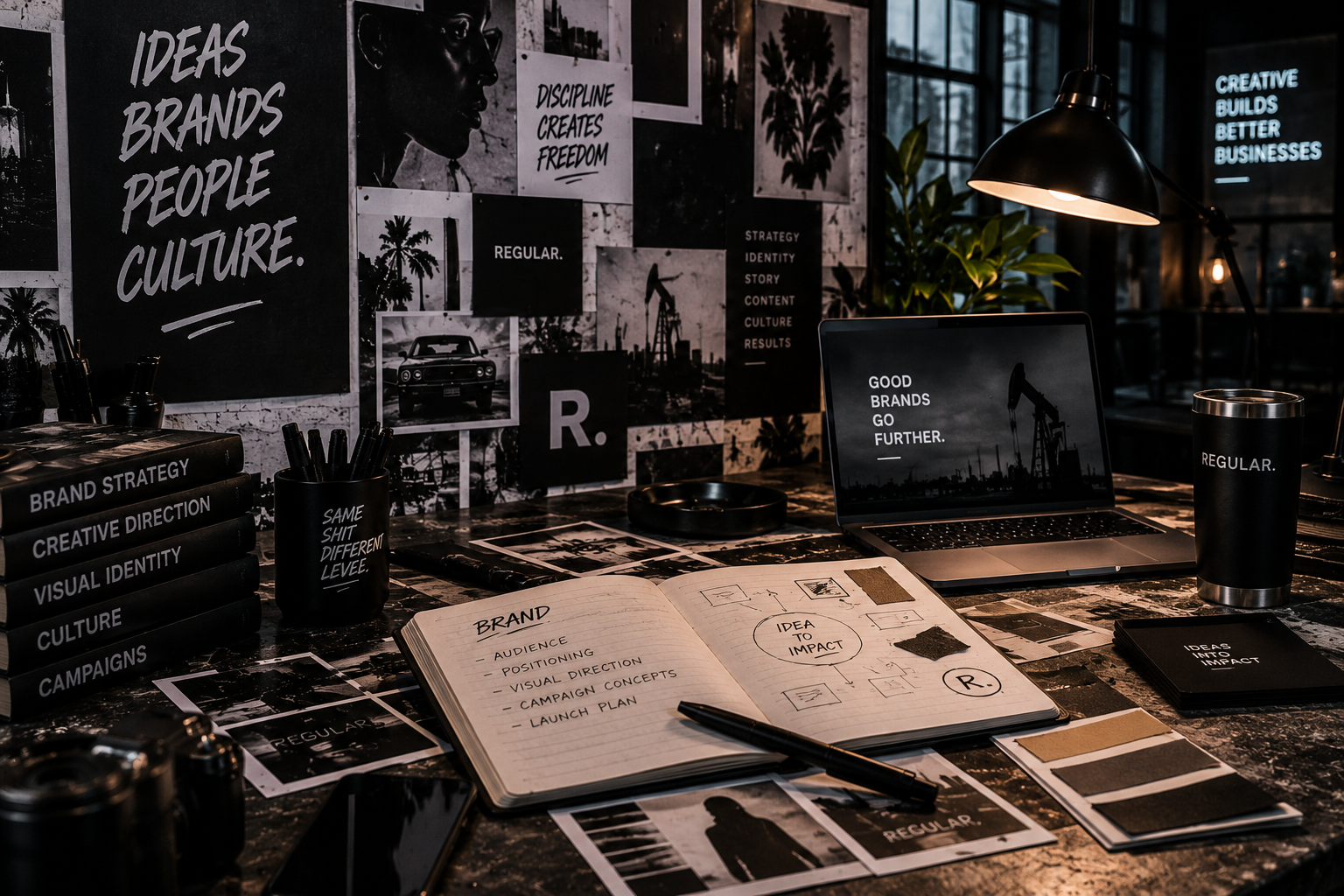 A workspace with a rustic table, various black notebooks and papers, a laptop displaying 'Good brands go further', a lamp, and a wall covered with black and white posters featuring words like 'Ideas', 'Brands', 'People', 'Culture', and a silhouette of an oil pump.