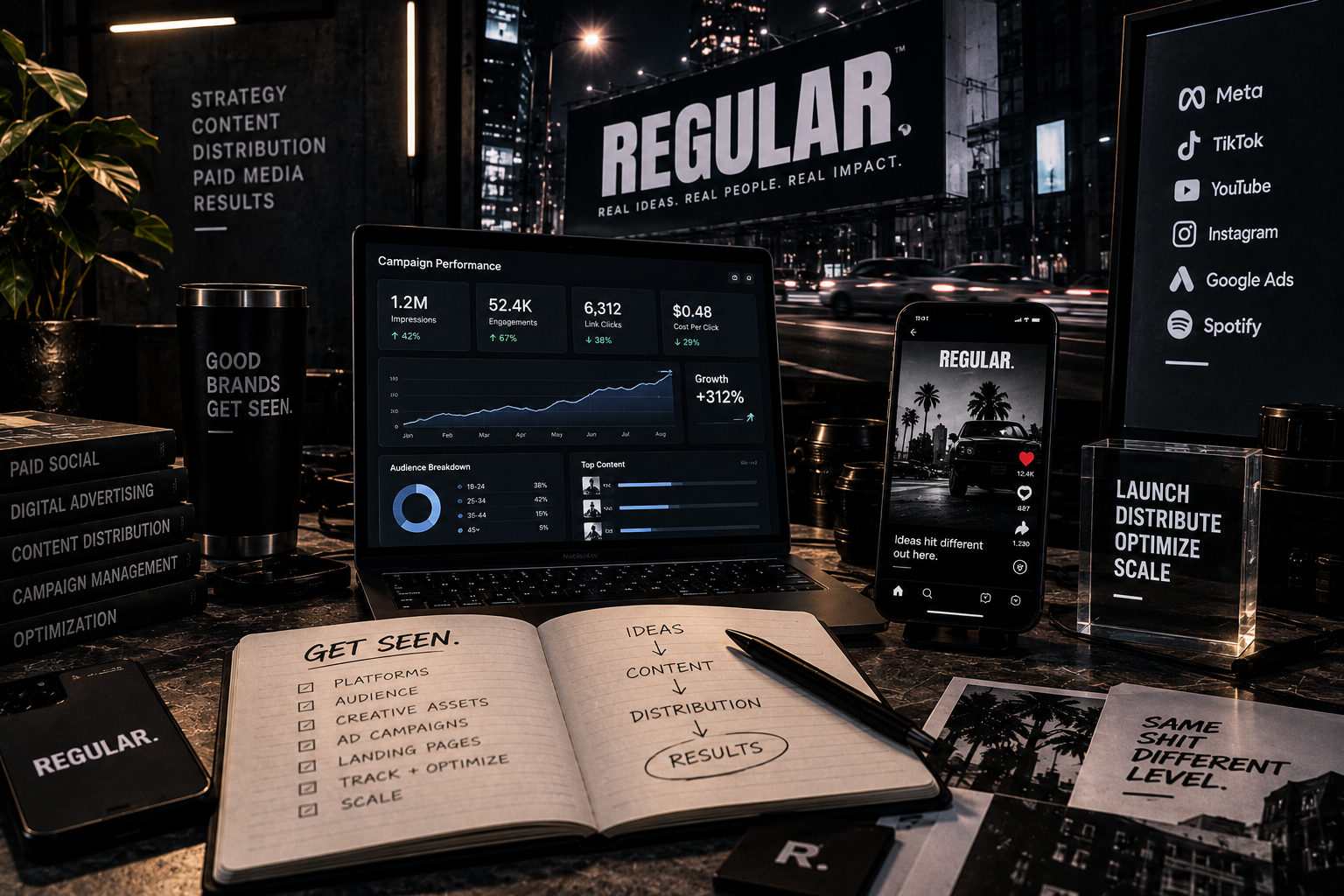 View of a workspace with digital devices and printed notes on social media marketing, featuring a laptop displaying campaign analytics, a smartphone with social media posts, books, and motivational signs on a dark table in an urban office setting.