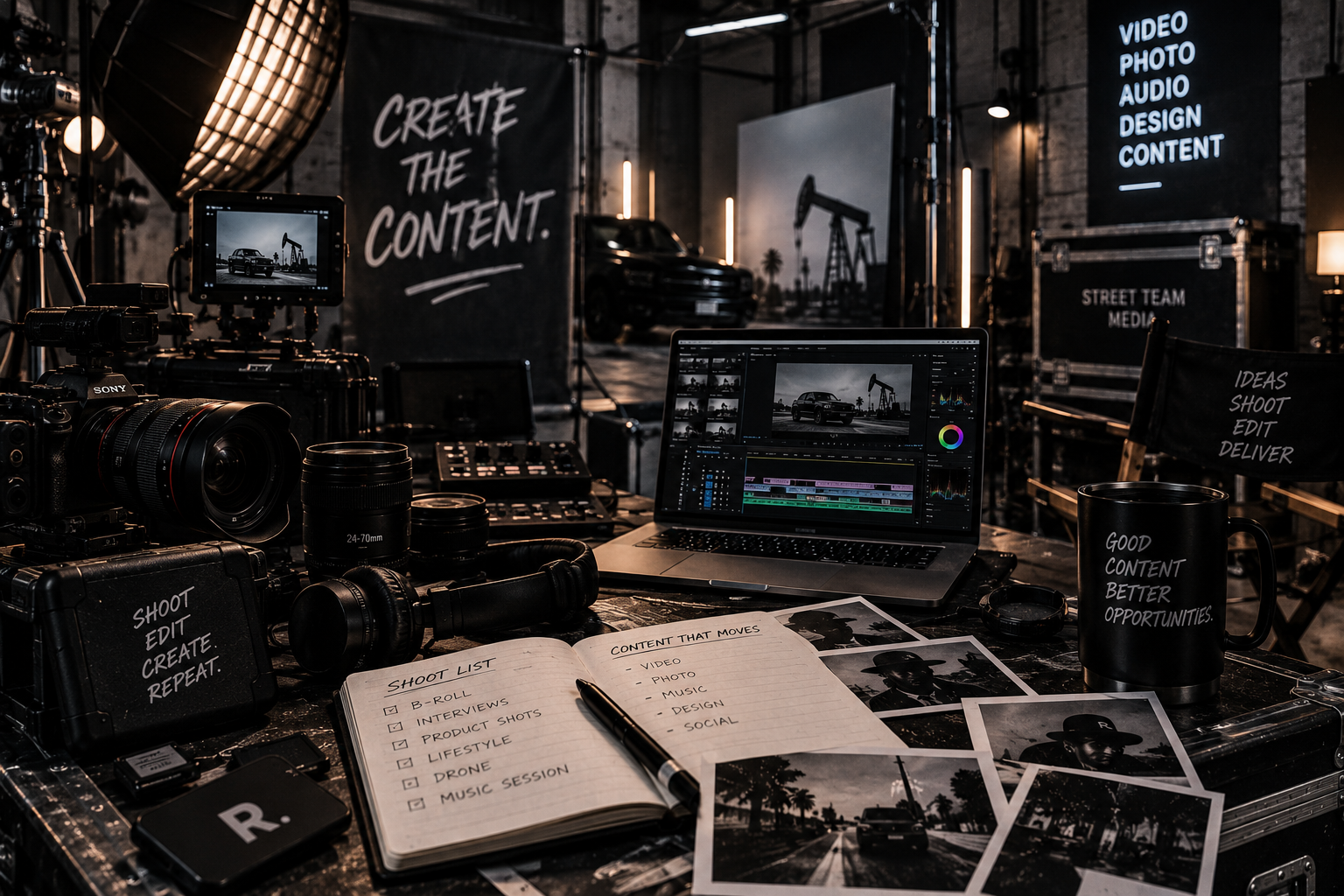 A work desk with professional video and photography equipment, a laptop displaying video editing software, printed photo proofs, and notes about content creation and editing in a studio environment