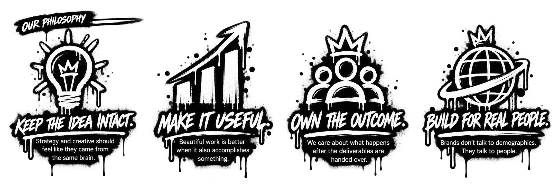 Four black and white graphic illustrations with text. The first shows a light bulb with the phrase 'Keep the idea intact'; the second shows a bar graph with an upward arrow and the phrase 'Make it useful'; the third shows a group of three people with the phrase 'Own the outcome'; the fourth shows a globe with a ring around it and the phrase 'Build for real people.' Each illustration has additional smaller text underneath.