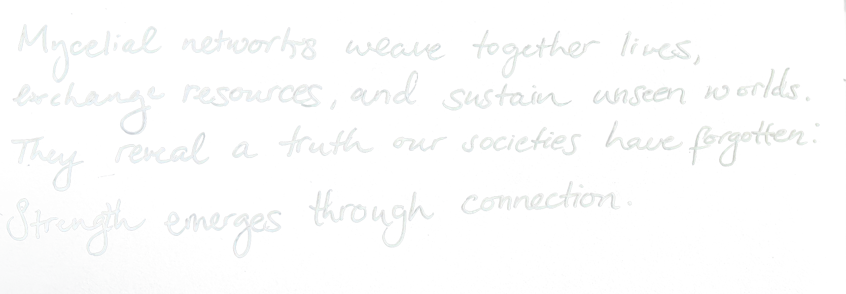 Handwritten text of 'Mycelial networks facilitate together lives, exchange resources, and sustain unseen worlds. They reveal a truth our societies have forgotten. Strength emerges through connection.'