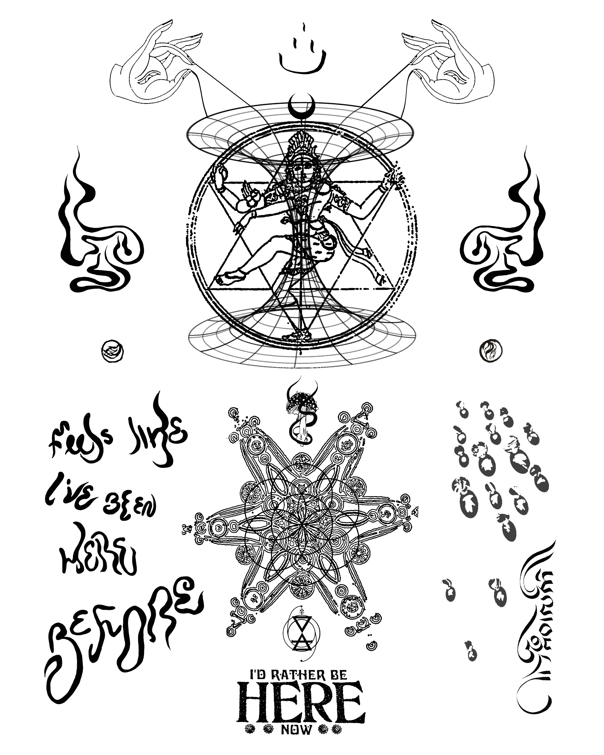 A complex geometric illustration featuring various symbols.