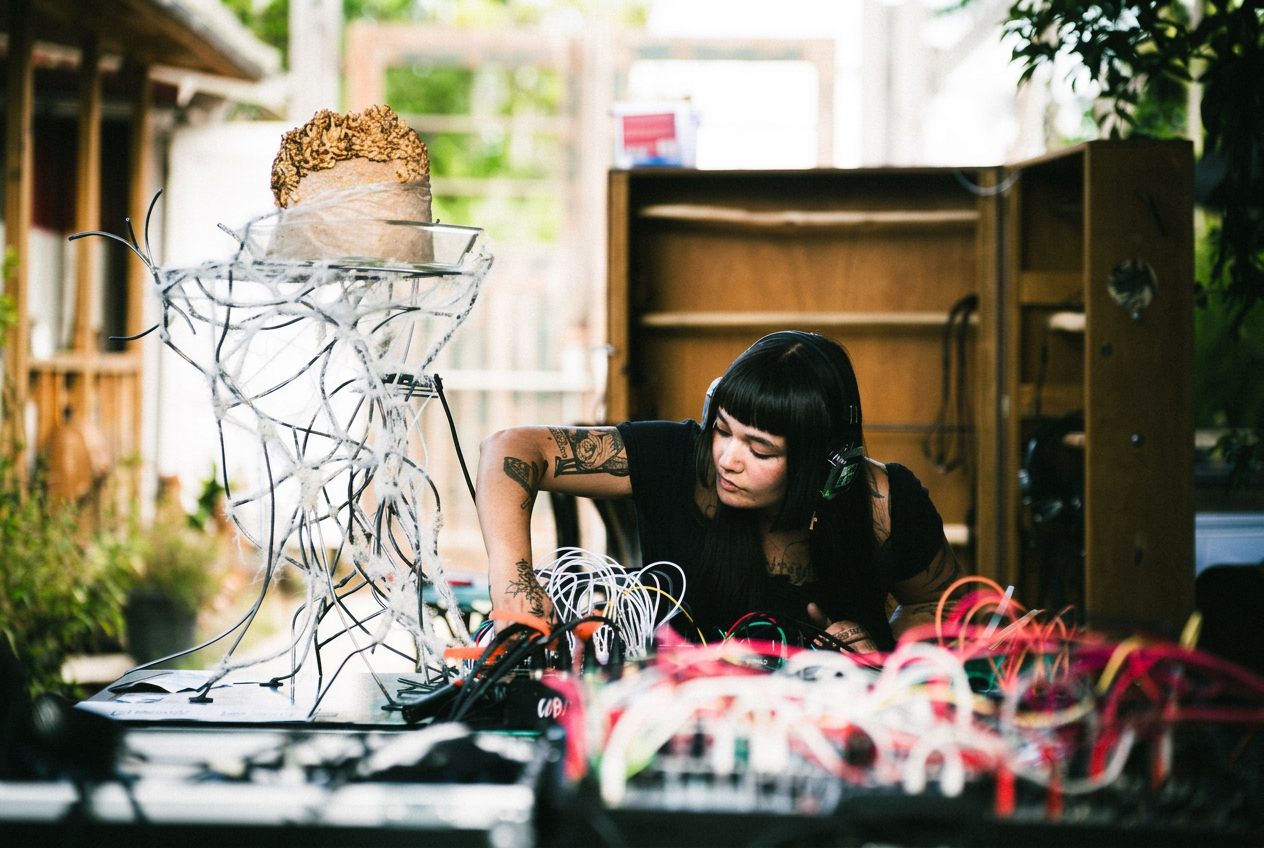 A woman with black hair and tattoos on her arms working with electronic wires and components in a workshop or studio filled with natural light.