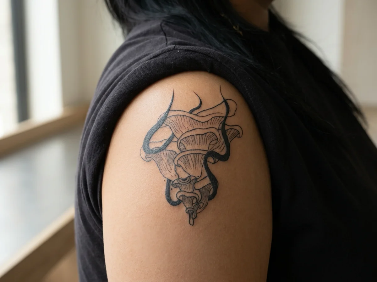 Black tattoo of oyster mushrooms with fire on a woman's upper arm.