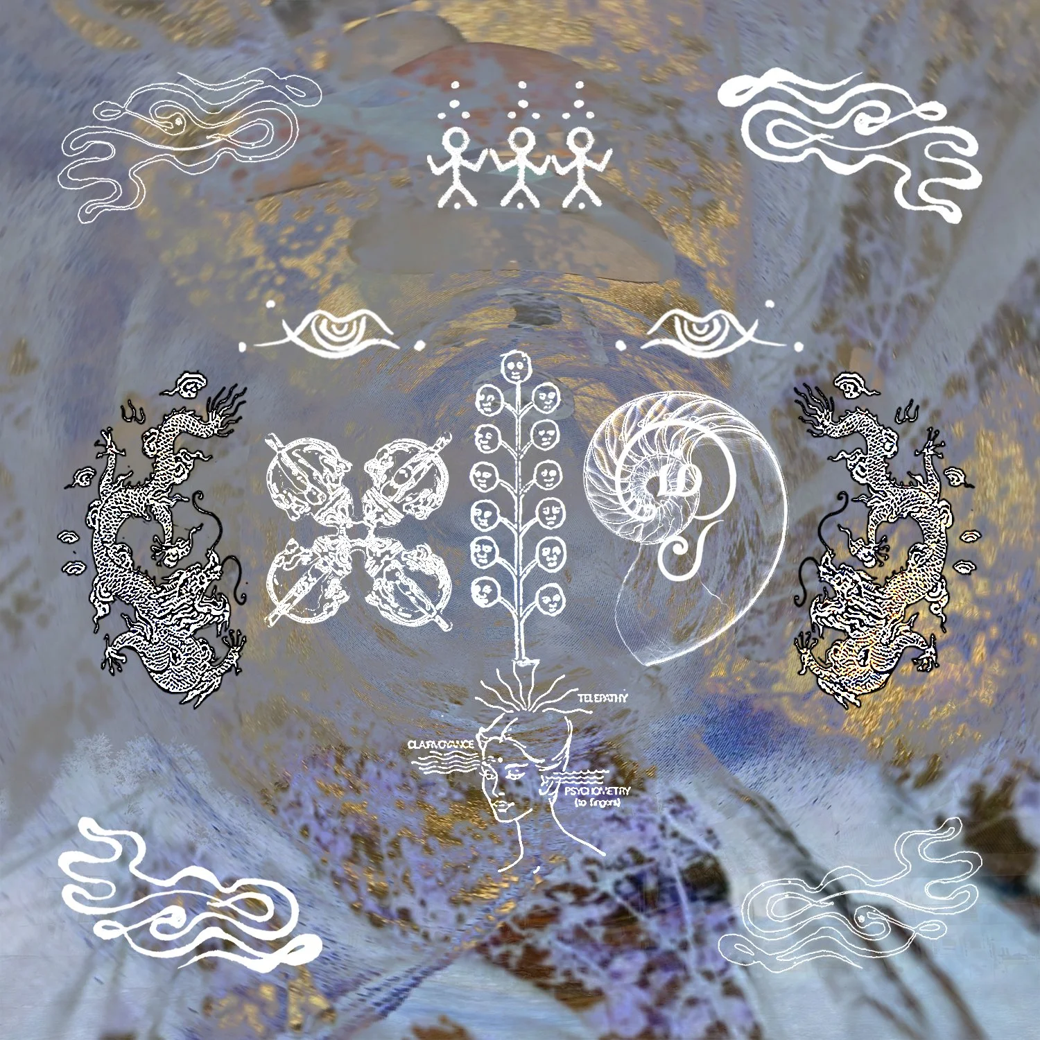A water background with white illustrated symbols overlaid, including mythical creatures, eyes, a plant with faces, a nautilus shell, clouds, and a woman with the words 'psychometry'.