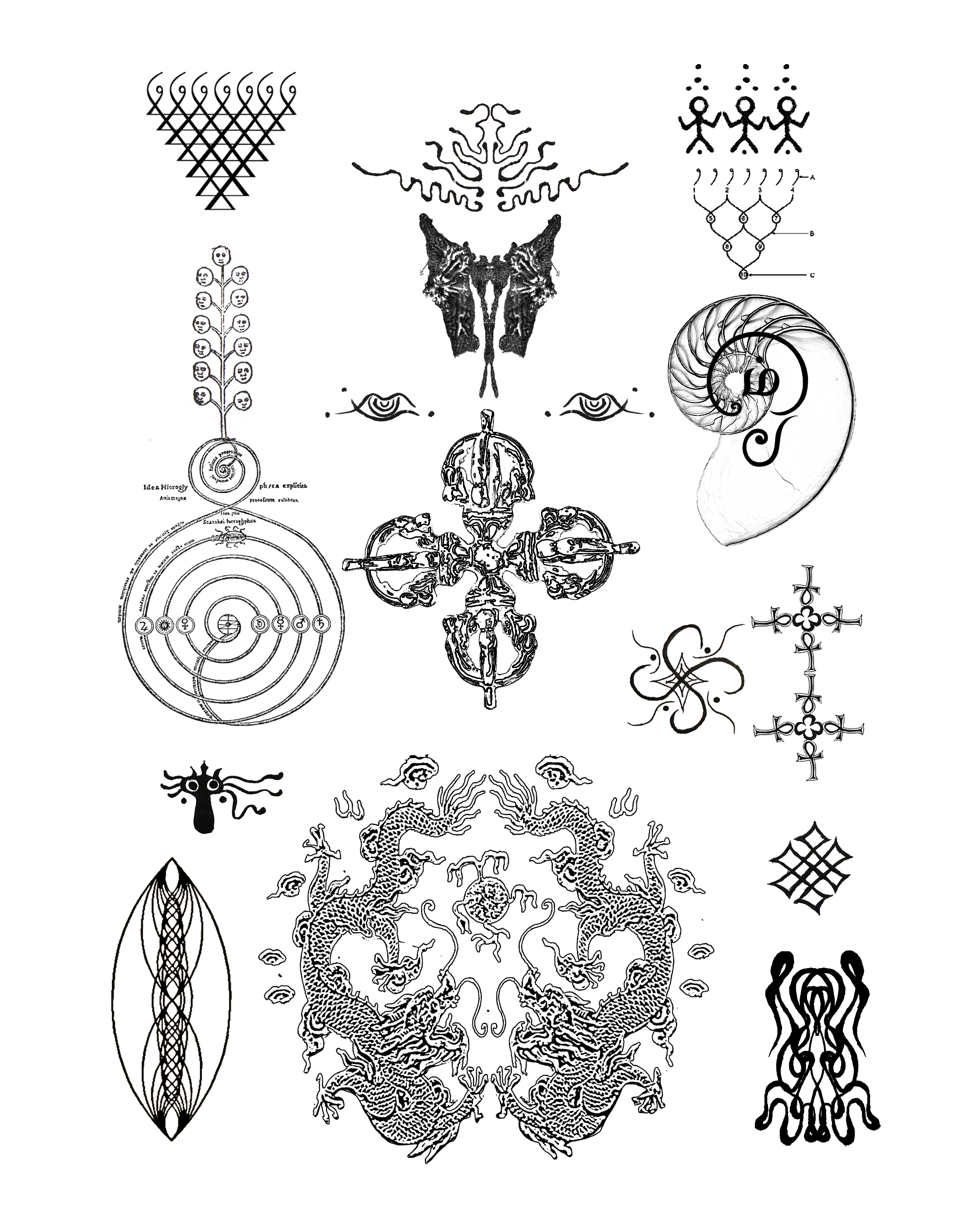 A collection of white ornate symbols and illustrations on a black background, including mythological creatures, geometric patterns, and stylized objects.