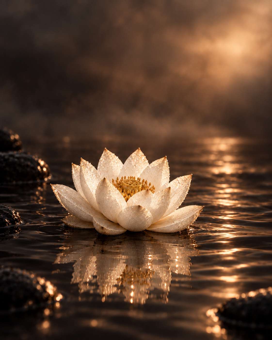 White lotus flower floating on water with reflections and drops of water on petals, illuminated by warm, golden light.