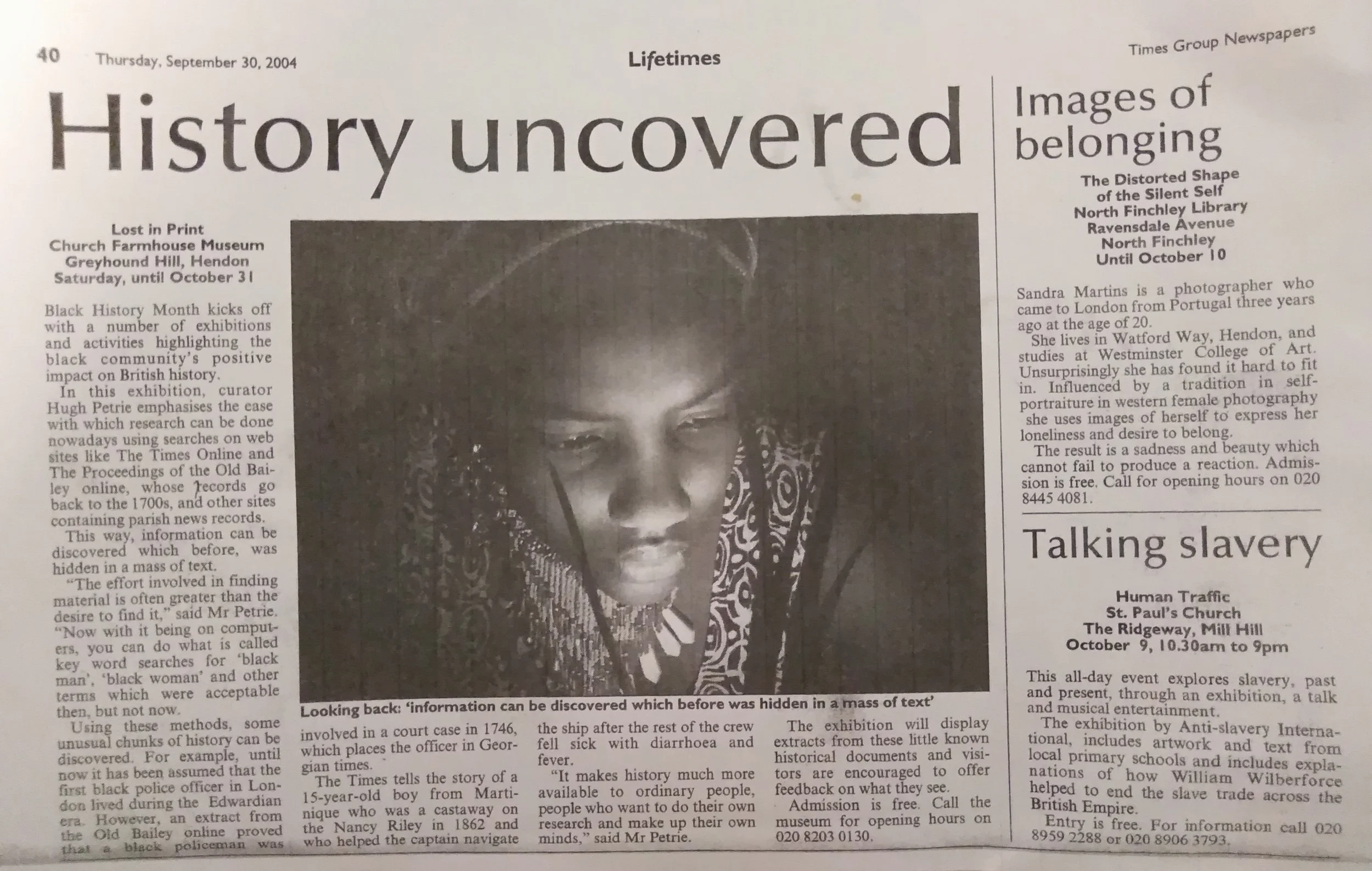 2004 newspaper feature on the artist’s early photographic work, exploring loneliness and the desire to belong.