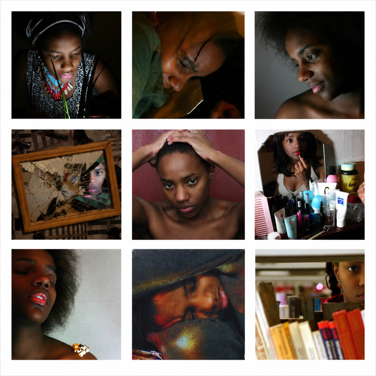 Nine colour photographs arranged in a 3 × 3 grid, showing Black subjects through portraits, mirrors, books and domestic scenes.