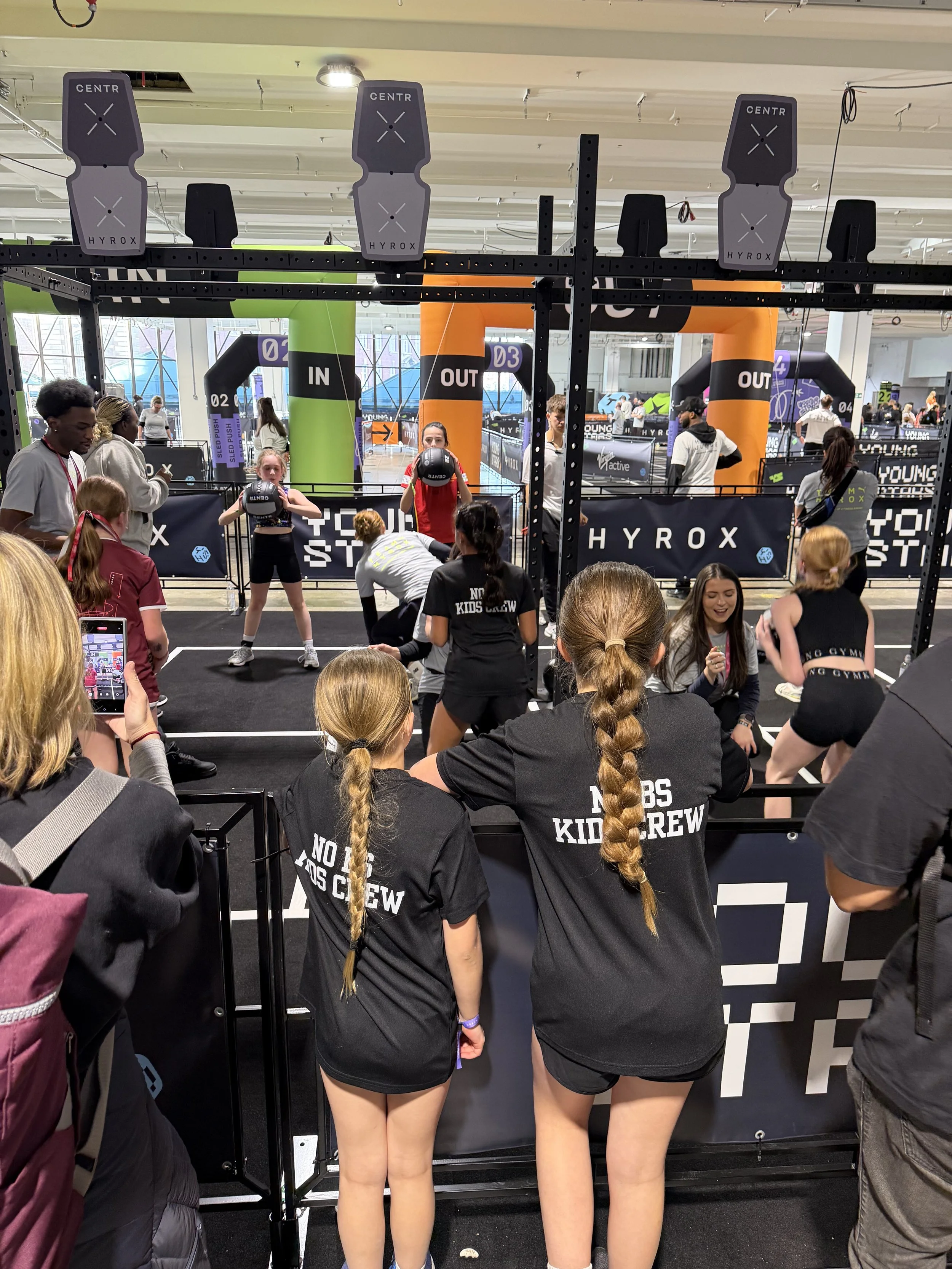NO BS Kids Crew children taking part in a youth HYROX fitness event.