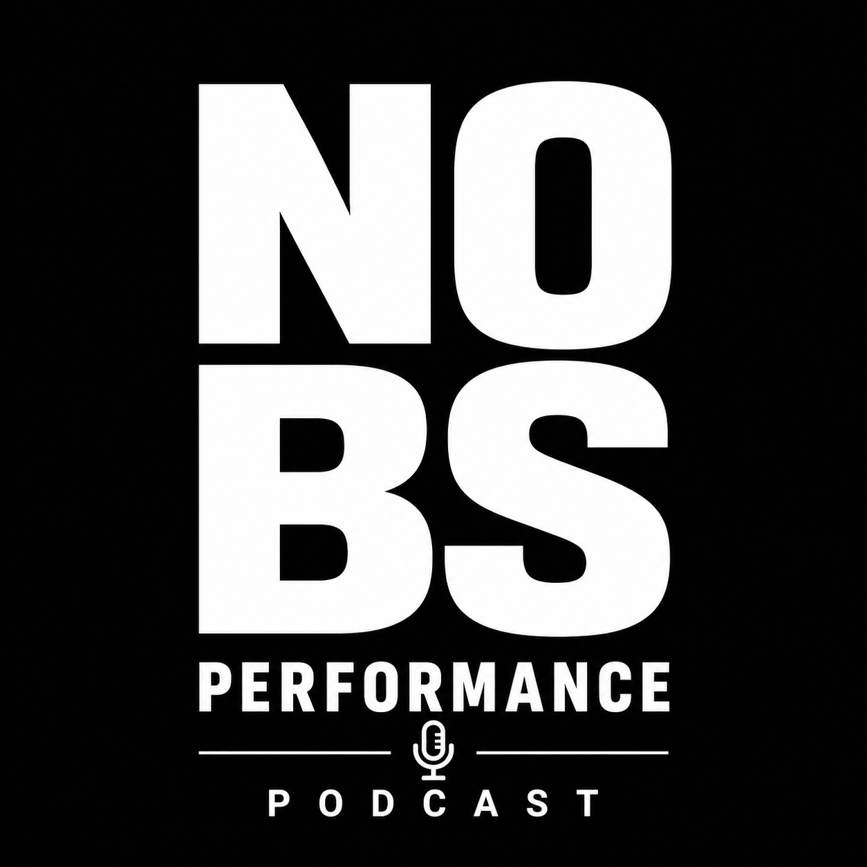 Black background with large white text reading 'NOBs PERFORMANCE PODCAST' with a microphone icon underneath.