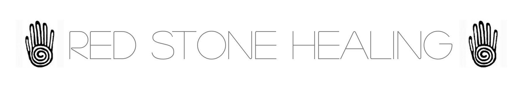 Logo with two hand illustrations featuring spiral palm designs and the text "Red Stone Healing" in thin uppercase font.