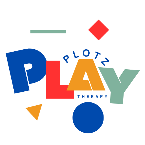 Colorful graphic with the word "PLAY" in large letters, with "PLOTZ" and "THERAPY" surrounding it, and various geometric shapes in red, green, yellow, and blue.