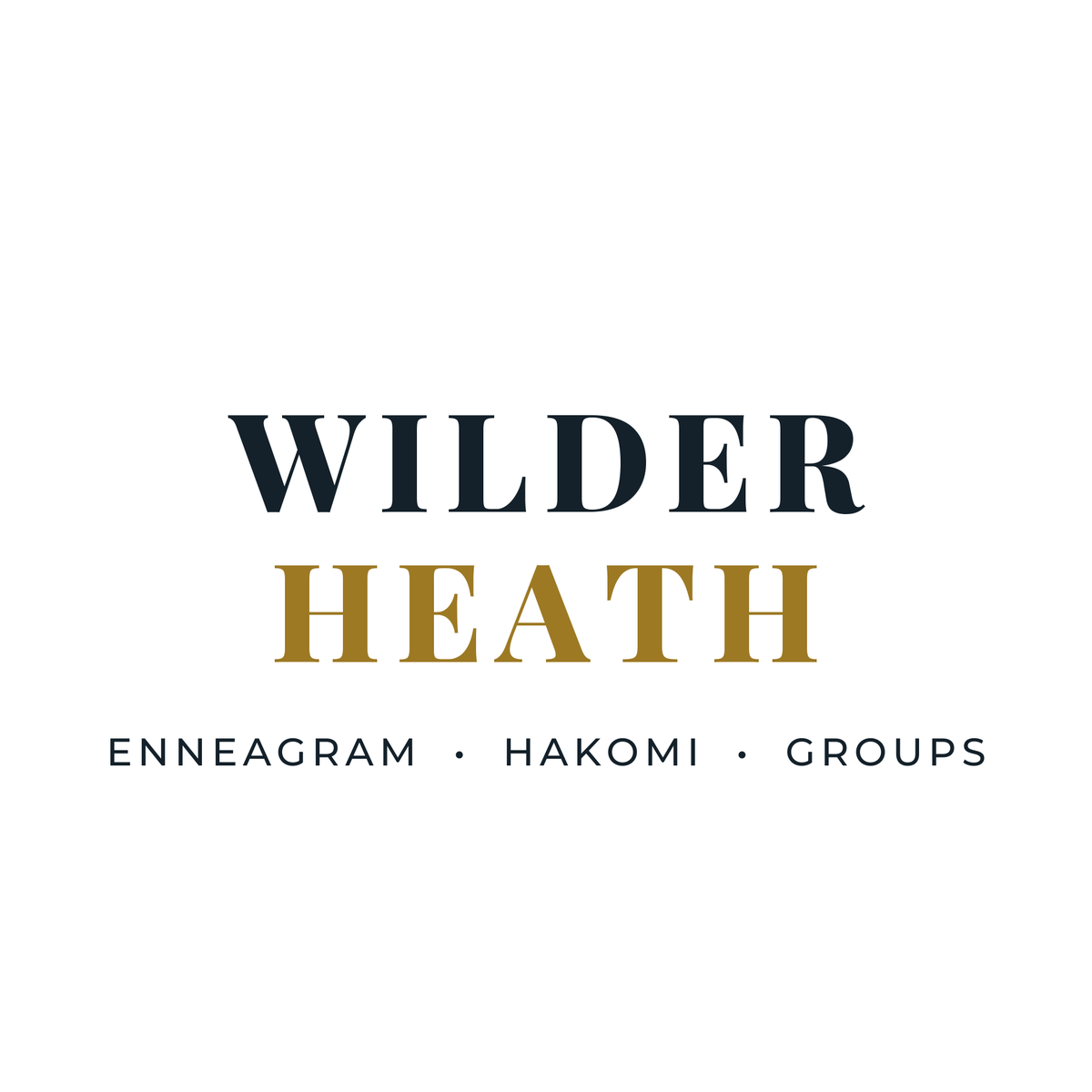 Wilder Heath logo with text in navy and gold, featuring the words Wilder Heath and smaller text Enneagram, Hakomi, Groups.