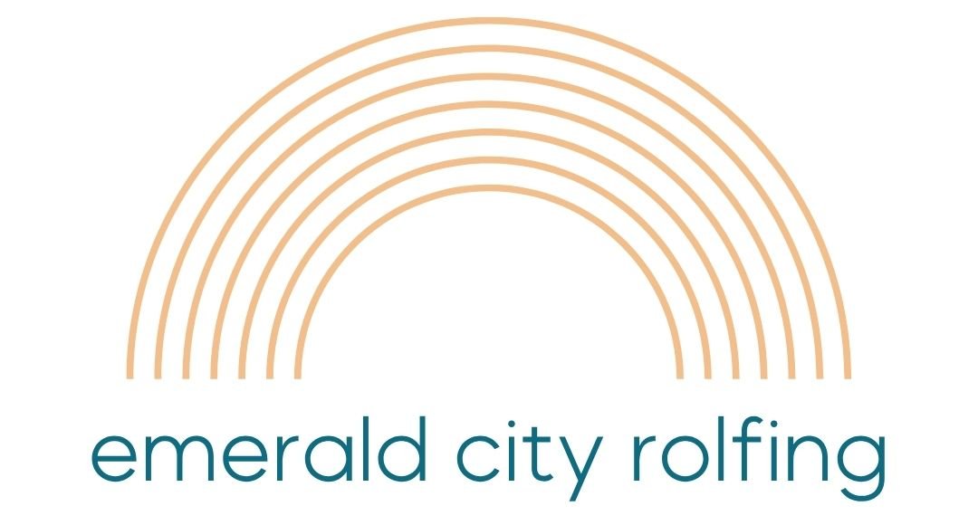 A rainbow with five archs in peach color and the text "emerald city rolfing" beneath it.