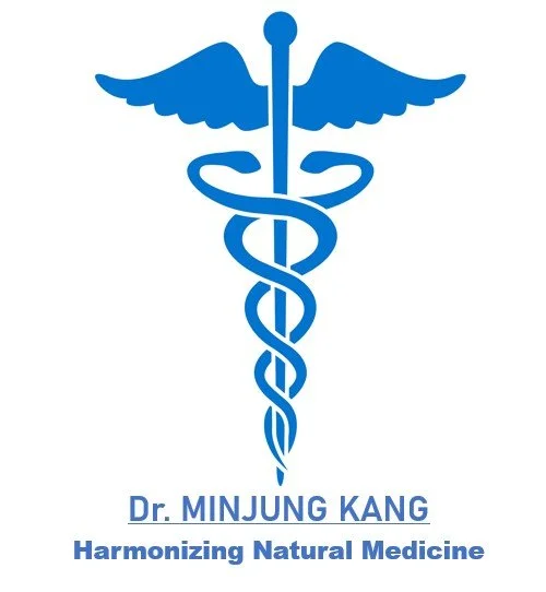 Blue medical caduceus symbol with wings and a snake wrapped around a staff, with the text 'Dr. MINJUNG KANG Harmonizing Natural Medicine' underneath.