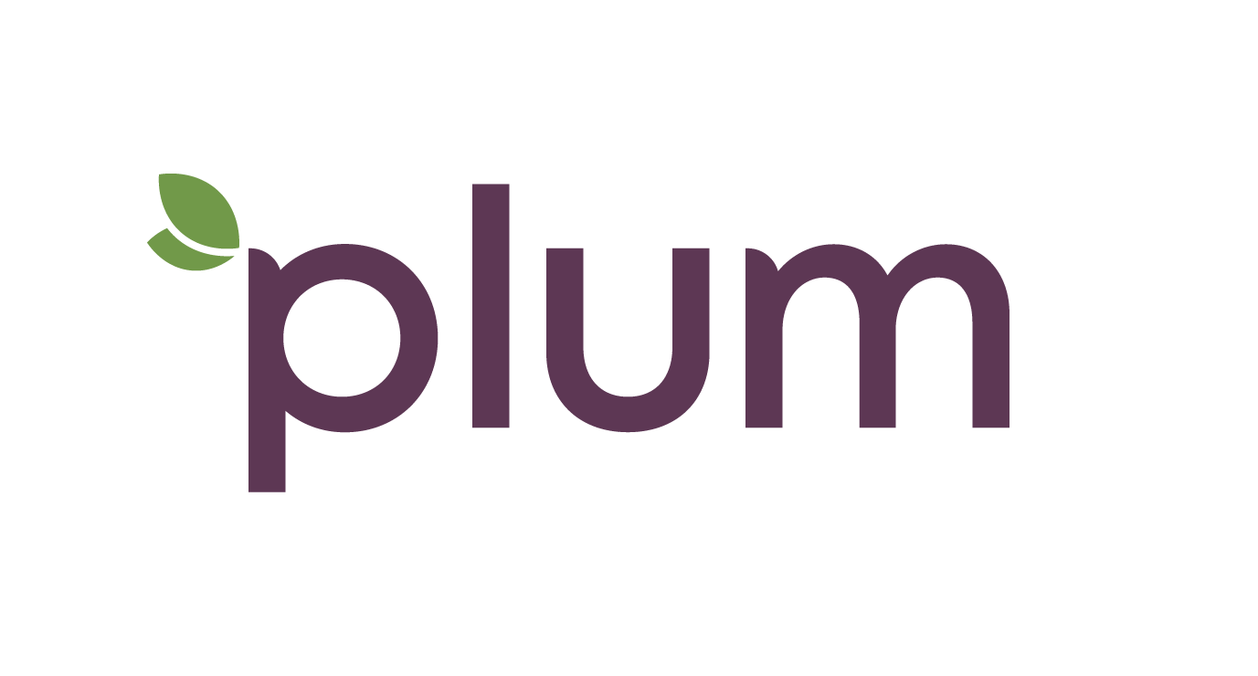 The logo features the word 'plum' in purple lowercase letters, with two small green leaves attached to the letter 'p'.