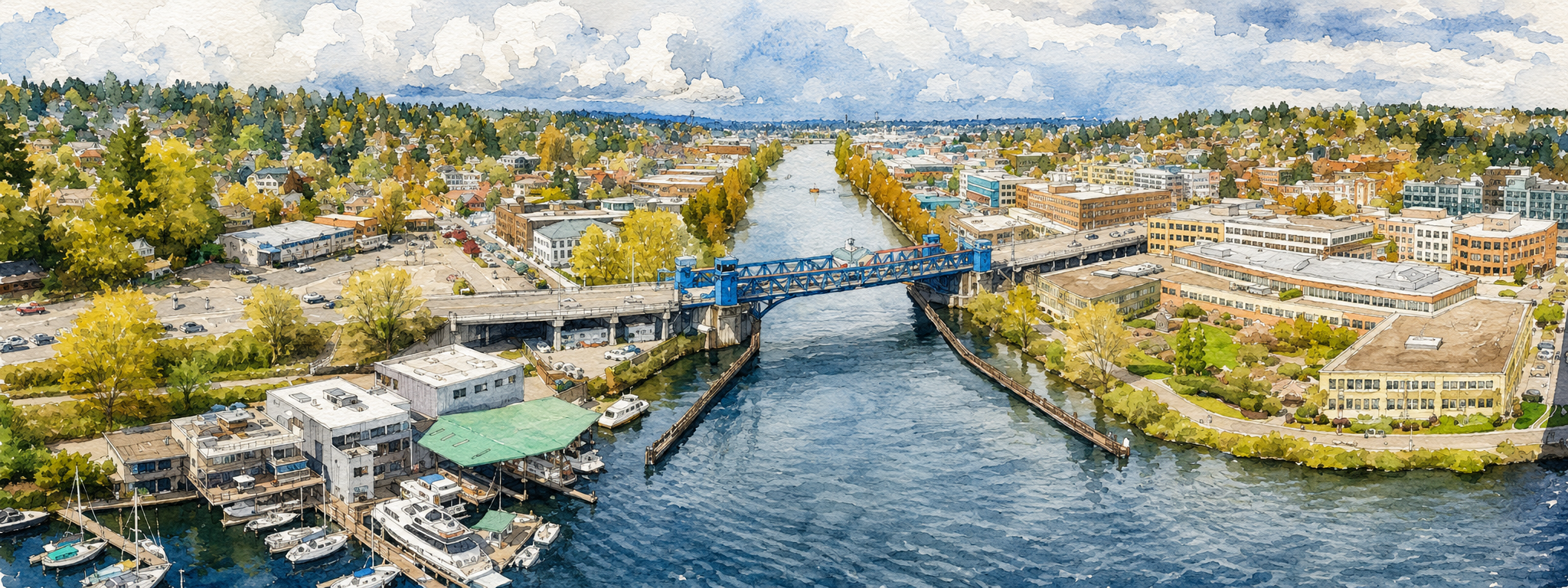 Watercolor painting of a cityscape featuring a river, a blue bridge, buildings, boats, and trees with fall foliage.