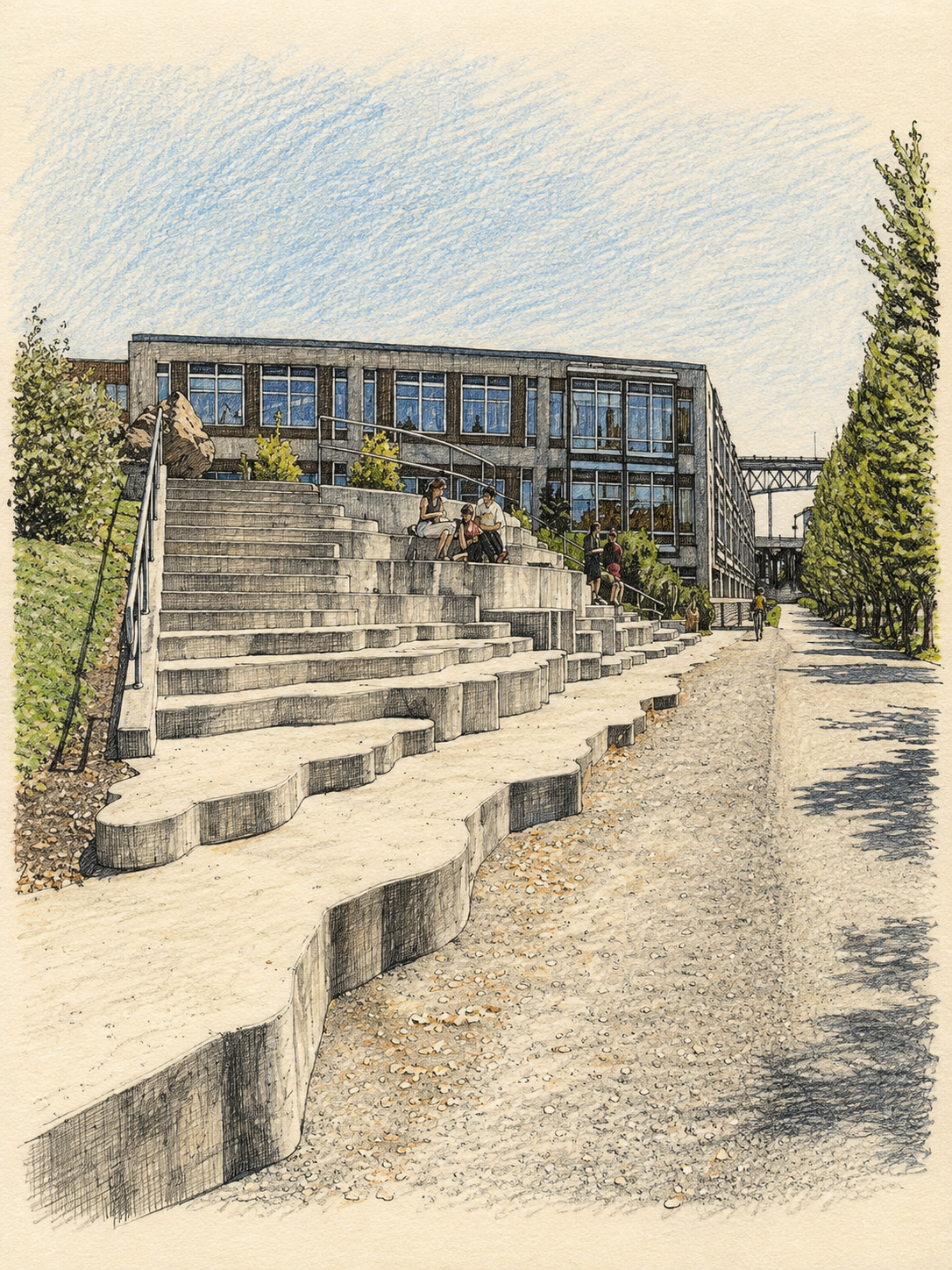 A drawing of an outdoor scene with concrete steps leading up to a modern building with large windows. Several people are sitting and walking on the steps, surrounded by greenery and trees. The sky is partly cloudy.