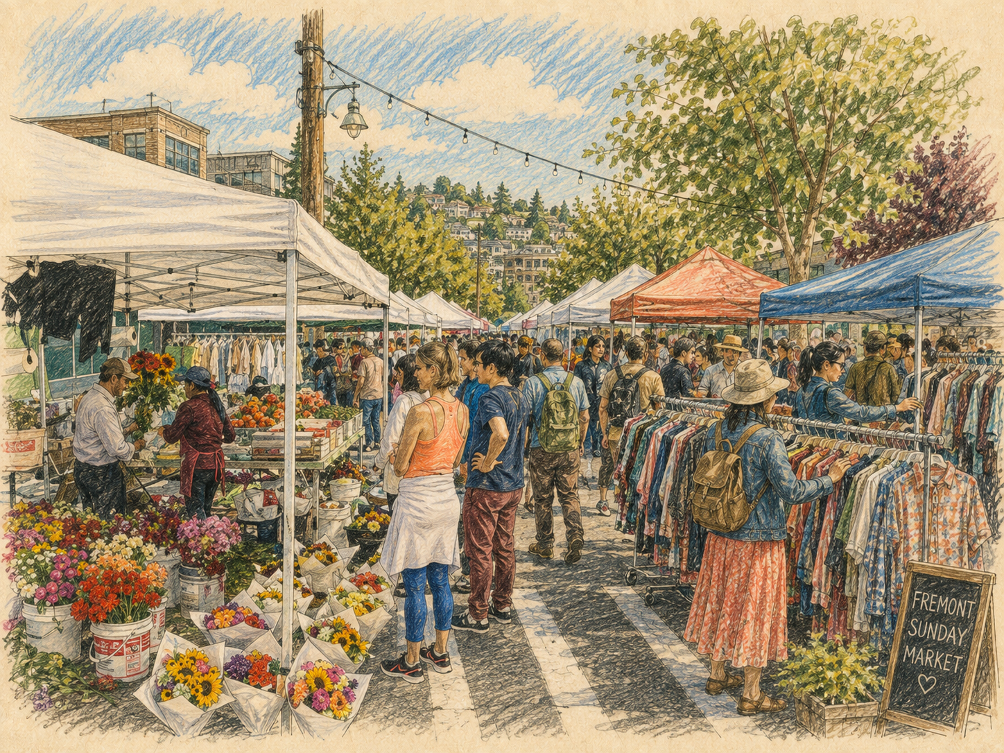 A lively outdoor market with white, blue, and orange tents, filled with people shopping for flowers, clothing, and other goods, under a partly cloudy sky with trees and buildings in the background. A sign reads 'Fremont Sunday Market'.